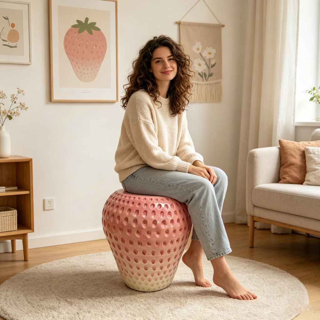 Strawberry Fruit Stool, 13.4" Oversized Resin Stool and Side Table