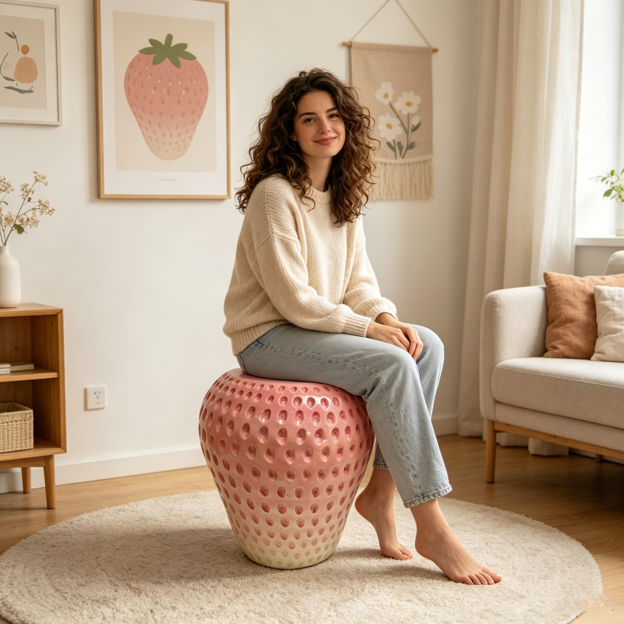 Strawberry Fruit Stool, 13.4" Oversized Resin Stool and Side Table