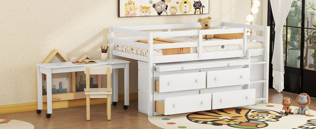 Loft Bed With Retractable Writing Desk And 4 Drawers, With Lateral Portable Desk And Shelves