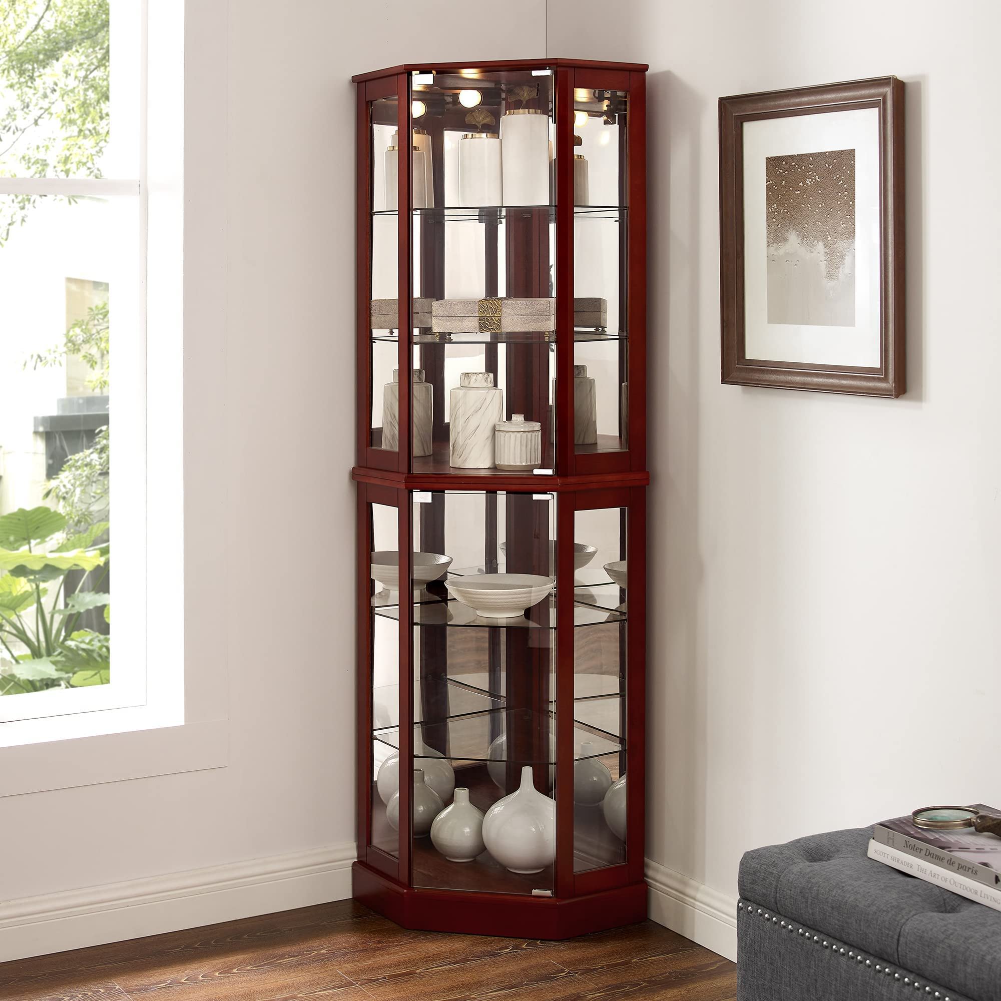 6 Shelf Corner Curio Display Cabinet With Lights, Mirrors And Adjustable Shelves