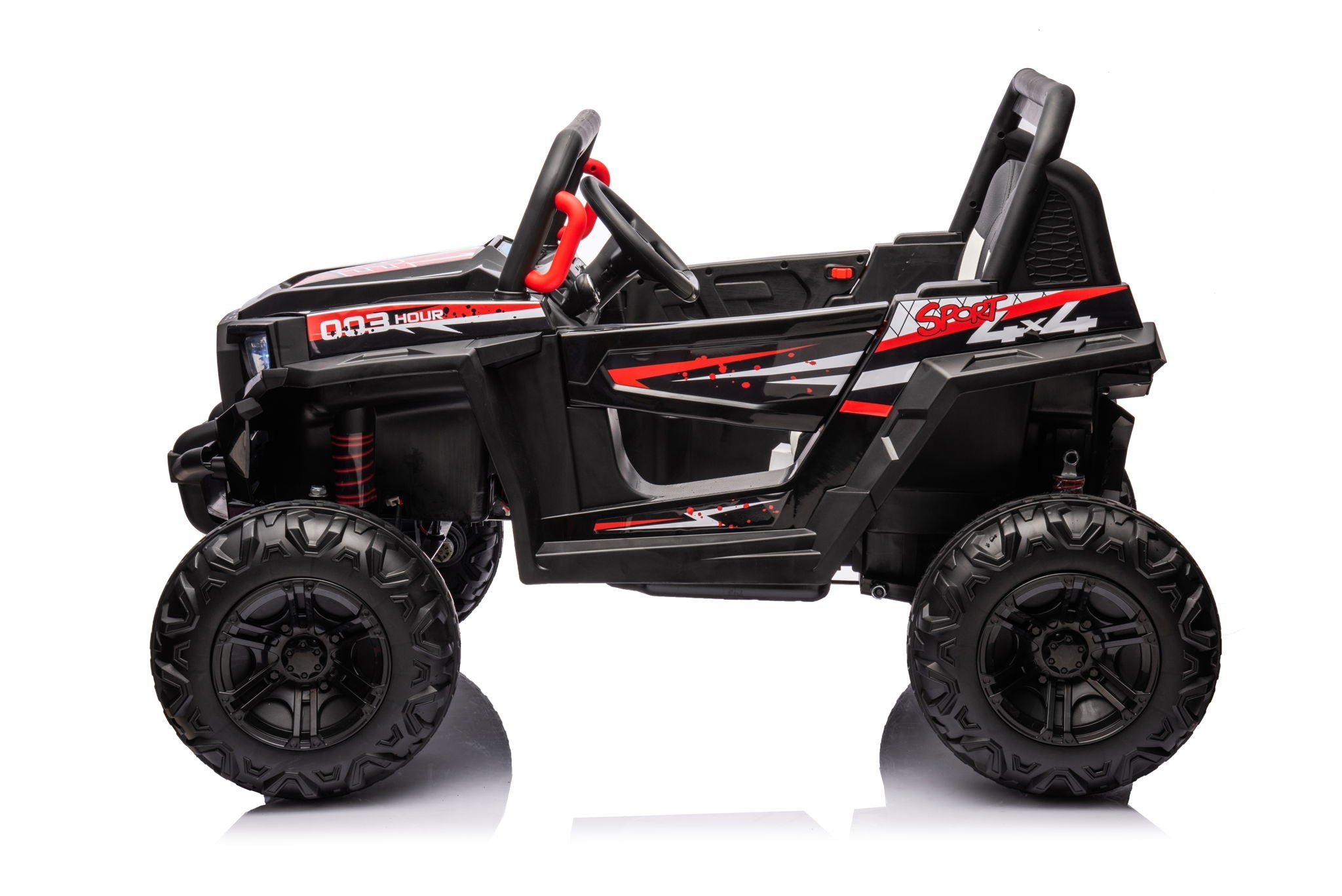 12V7A*1 30W*4 Four-Wheel Drive Seat One Button Start, Forward And Backward, High And Low Speed, Music, Front Light, Power Display, Two Doors Can Open, 2.4G R / C, Seat Belt Four Wheel Absorber