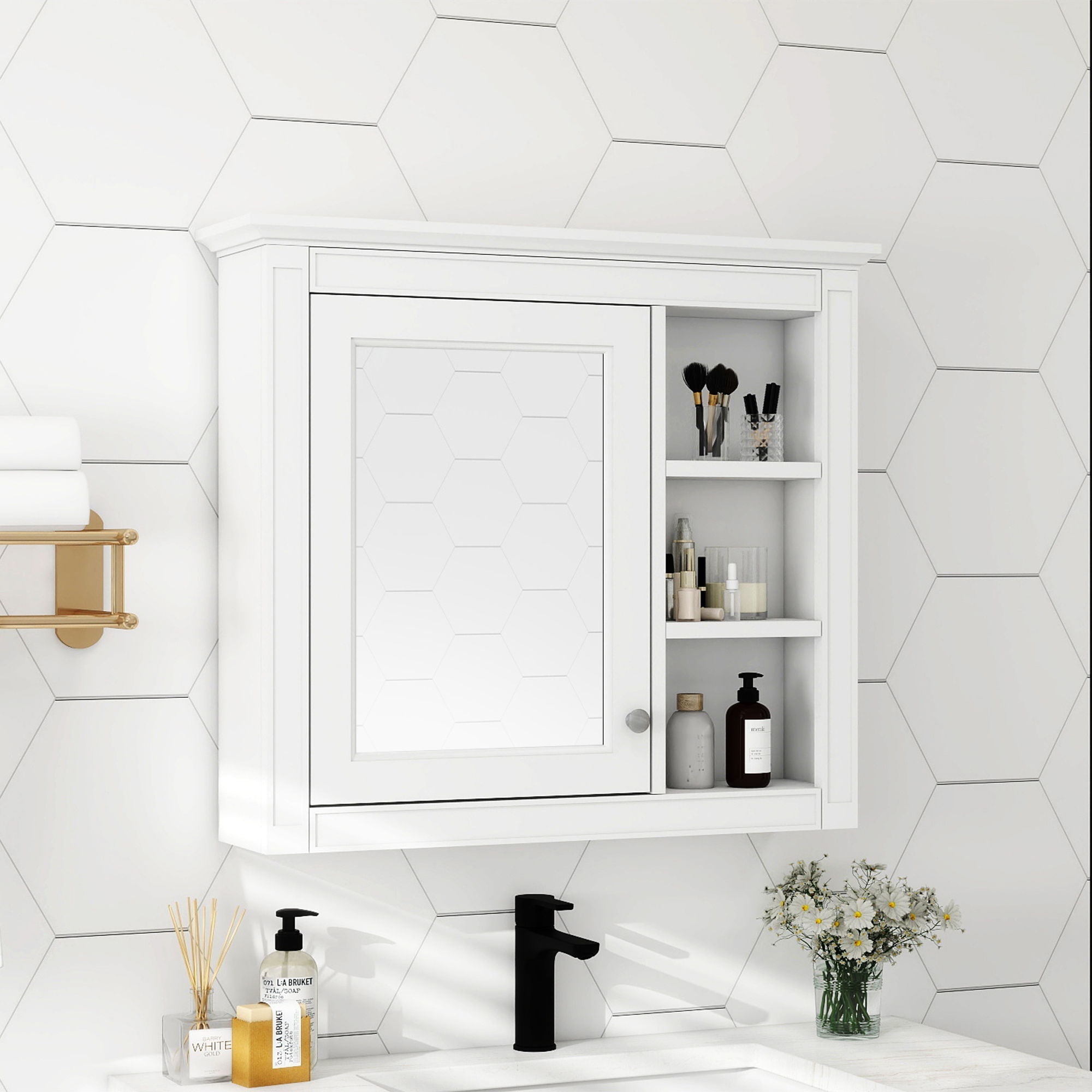Wall Mounted Medicine Cabinet With Mirror and 3 Open Shelves
