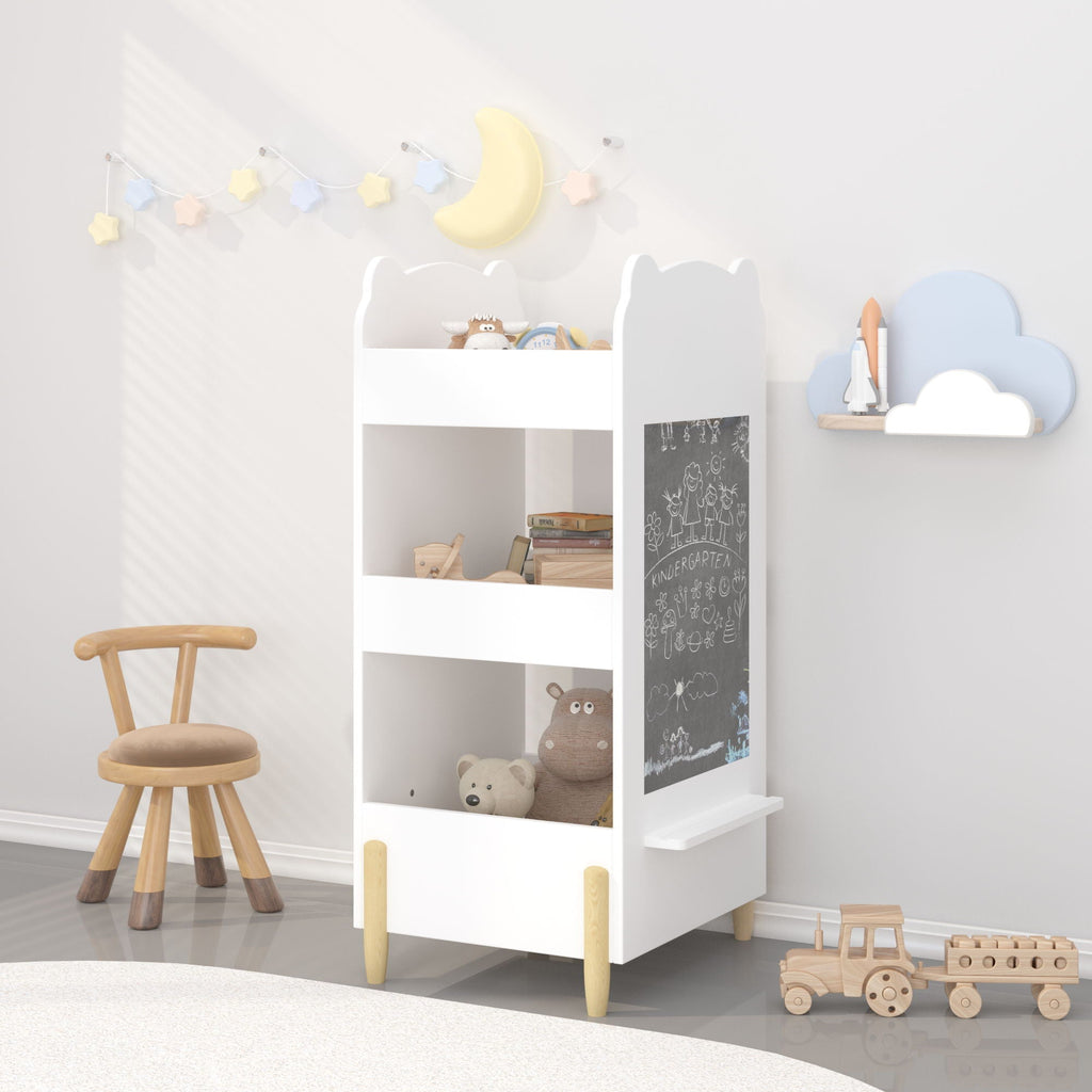 Bear Shaped Bookshelf With Chalkboard Side, 3-Tier Storage Organizer For Playroom - White