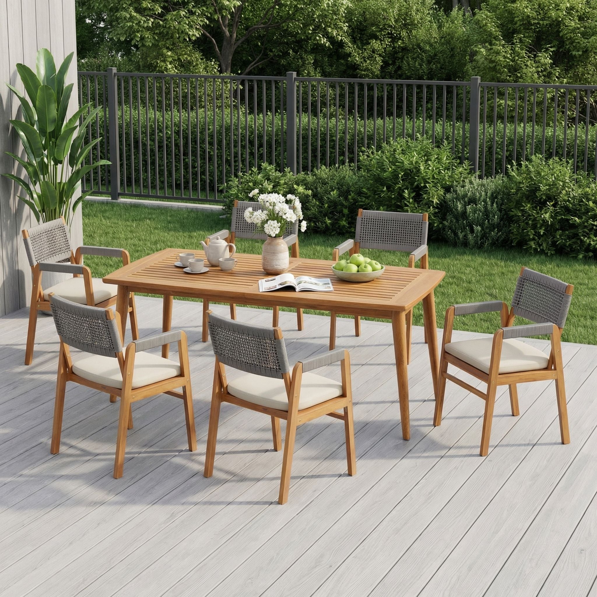 Outdoor 7 Piece Dining Set With Rope Woven Armchairs