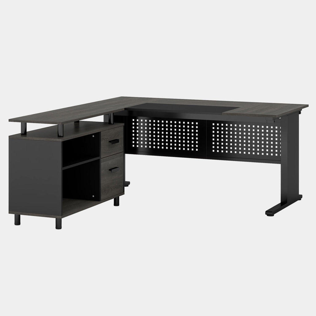 L-Shaped Executive Desk With File Cabinet, Office Workstation With Drawers, Shelves & Storage