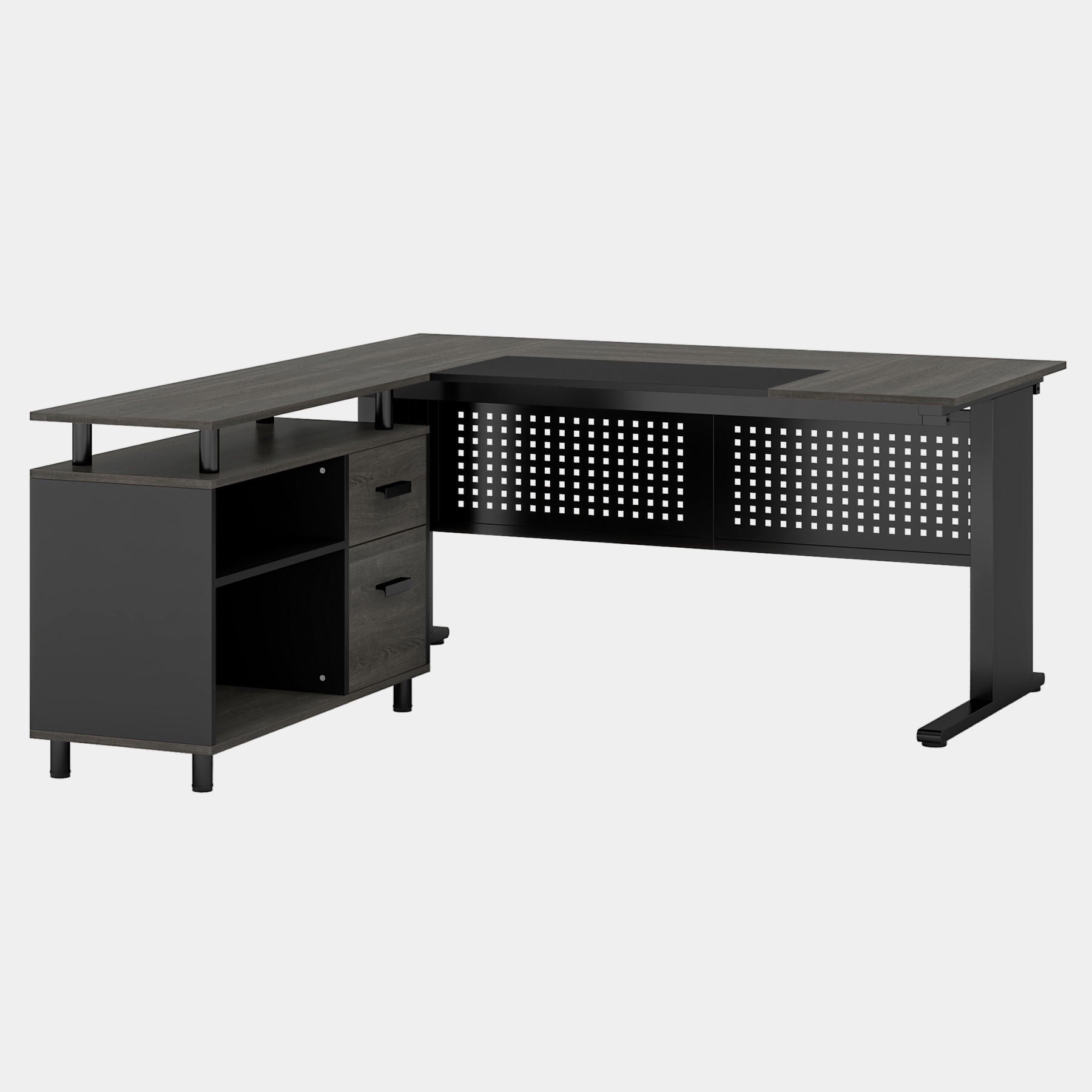 L-Shaped Executive Desk With File Cabinet, Office Workstation With Drawers, Shelves & Storage