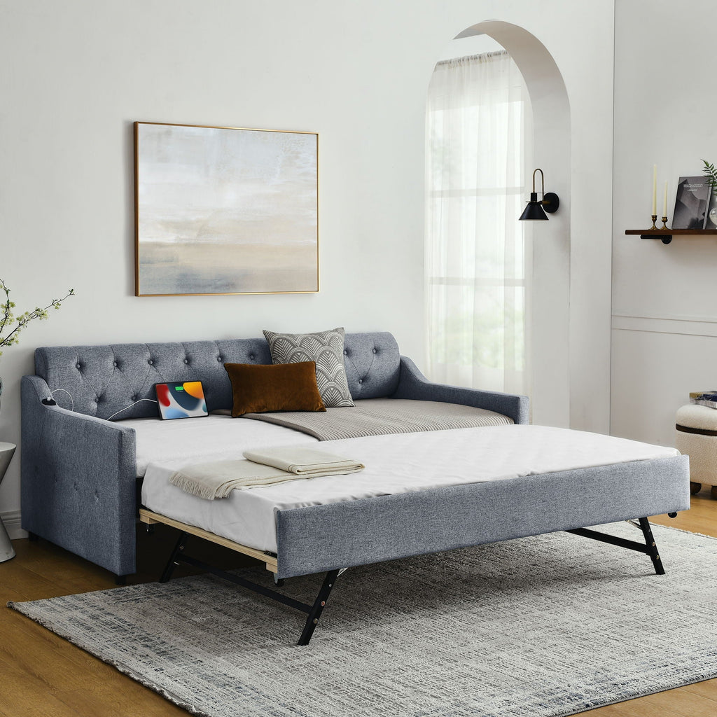 Size Upholstered Daybed With Trundle And USB Charging Armrest