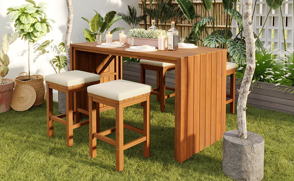 5 Piece Outdoor Bar Set with Acacia Wood Table & Cushioned Stools