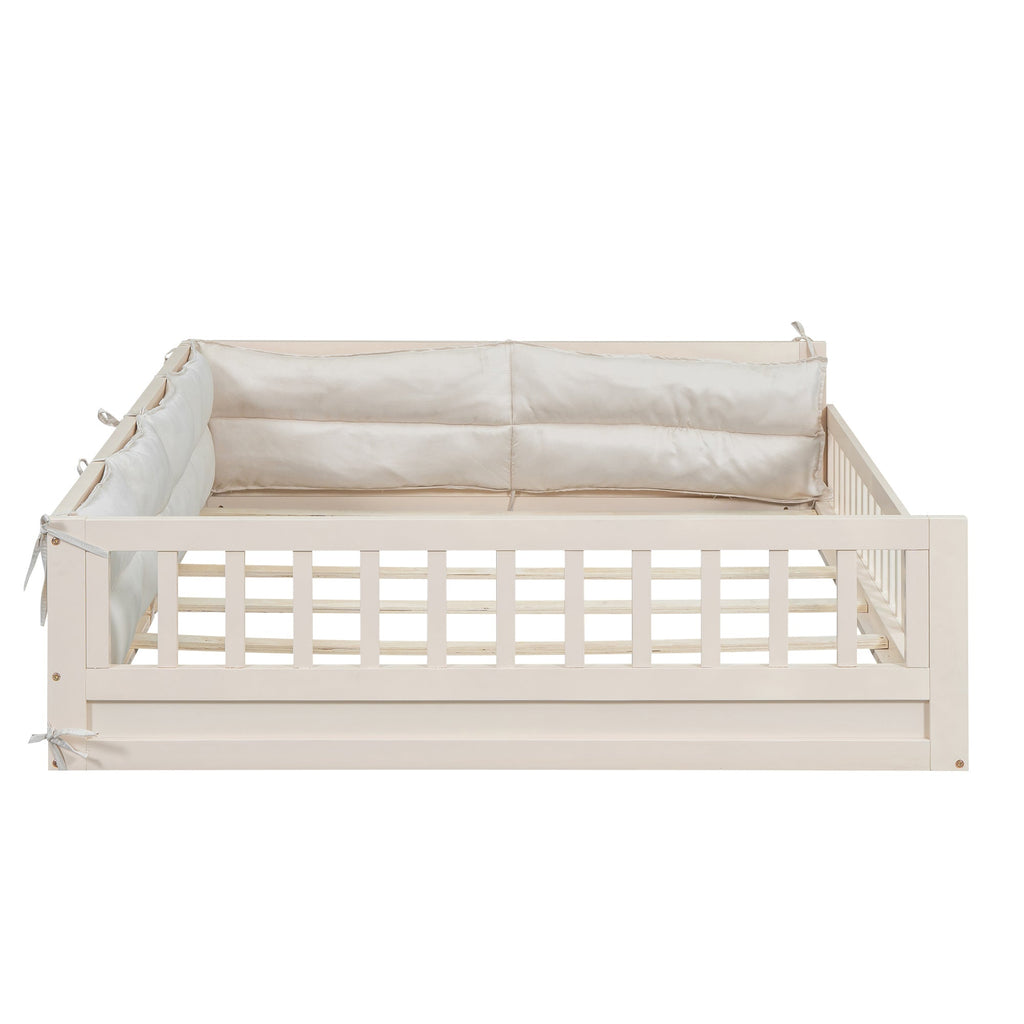 Wood Full Size Upholstered Platform Bed with Guardrail and Pillow