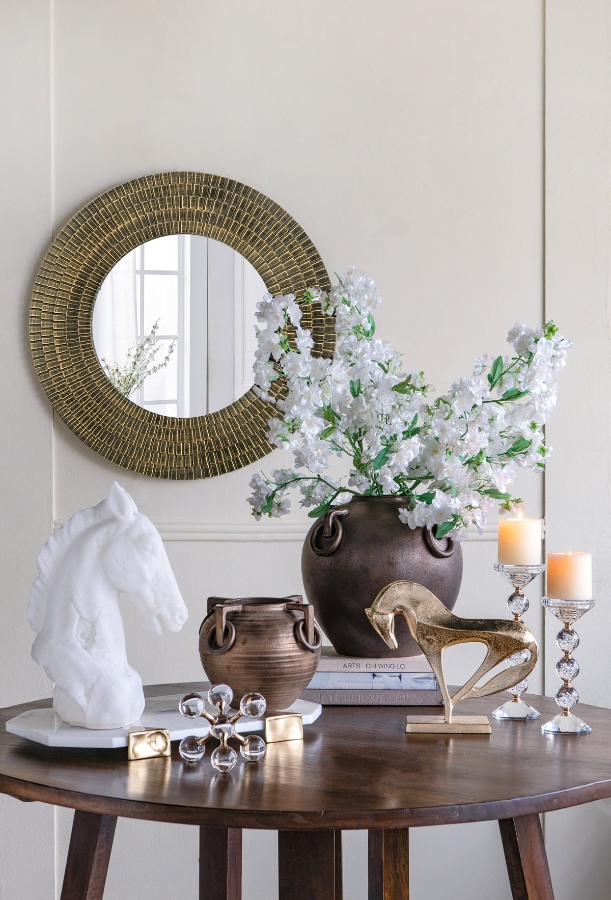 29.5" Round Gold and Black Wooden Accent Mirror with Woven Texture