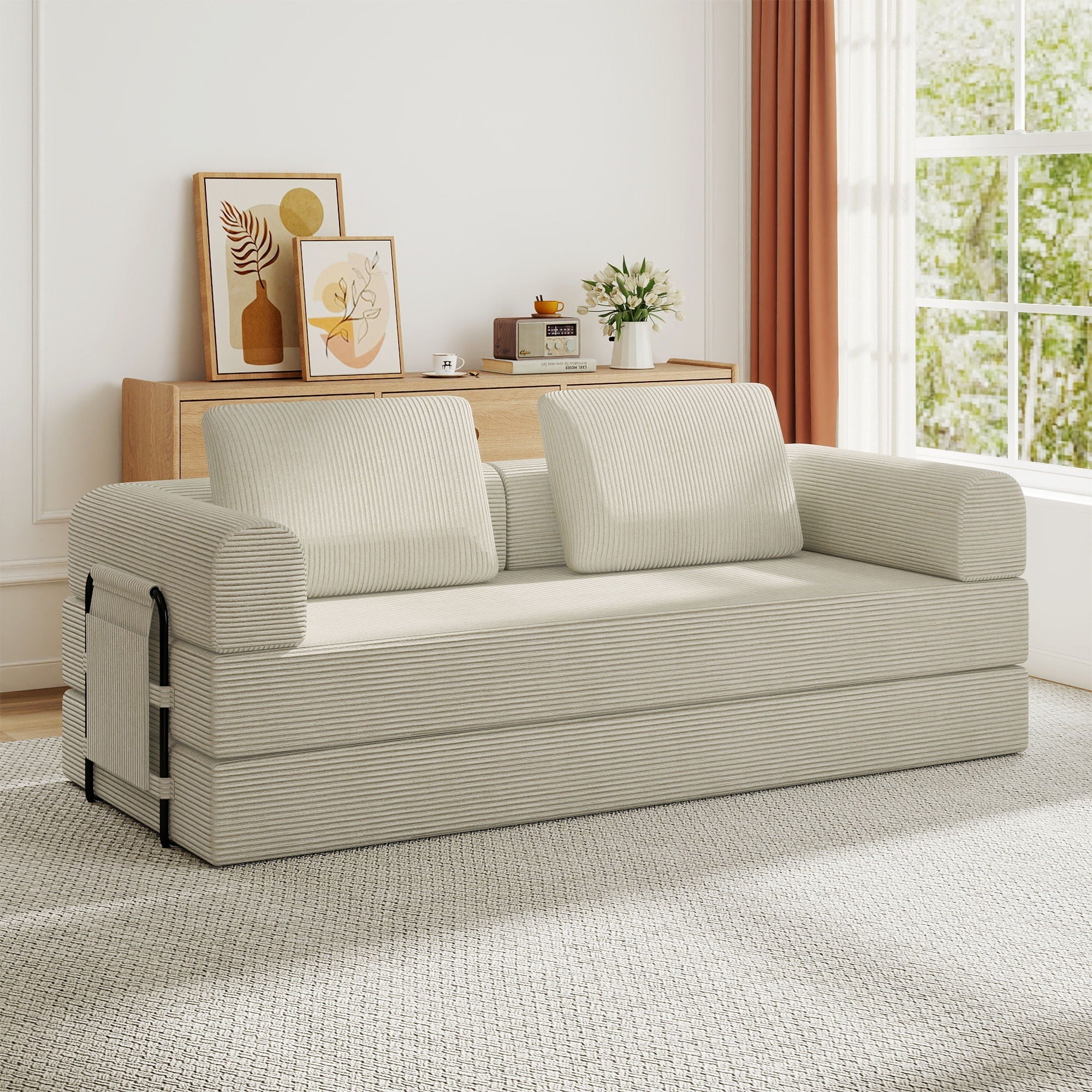 Convertible Sleeper Sofa Bed With Cylindrical Pillow