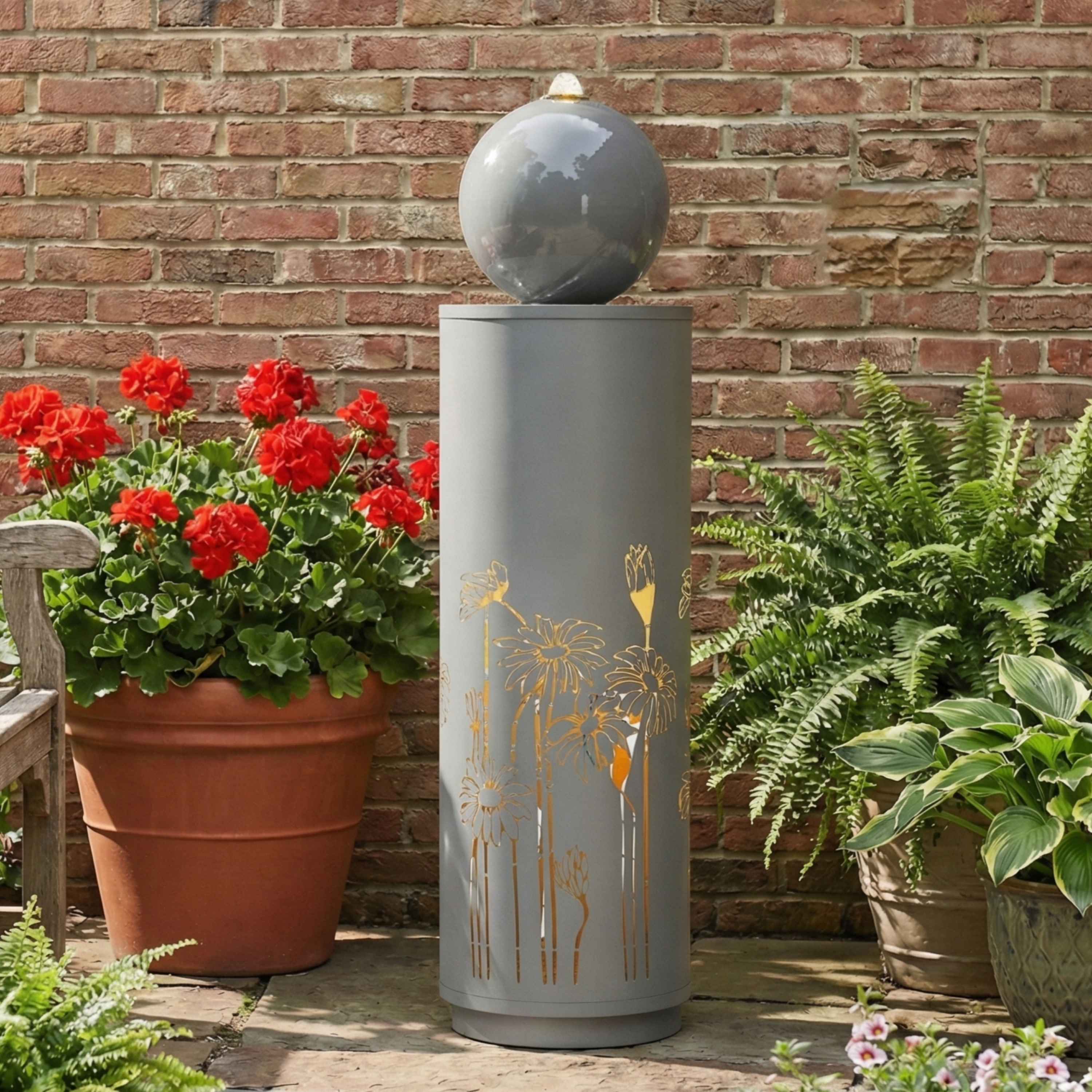 34.25'H Light Gray Metal Cutout Outdoor Water Fountain with LED Lights