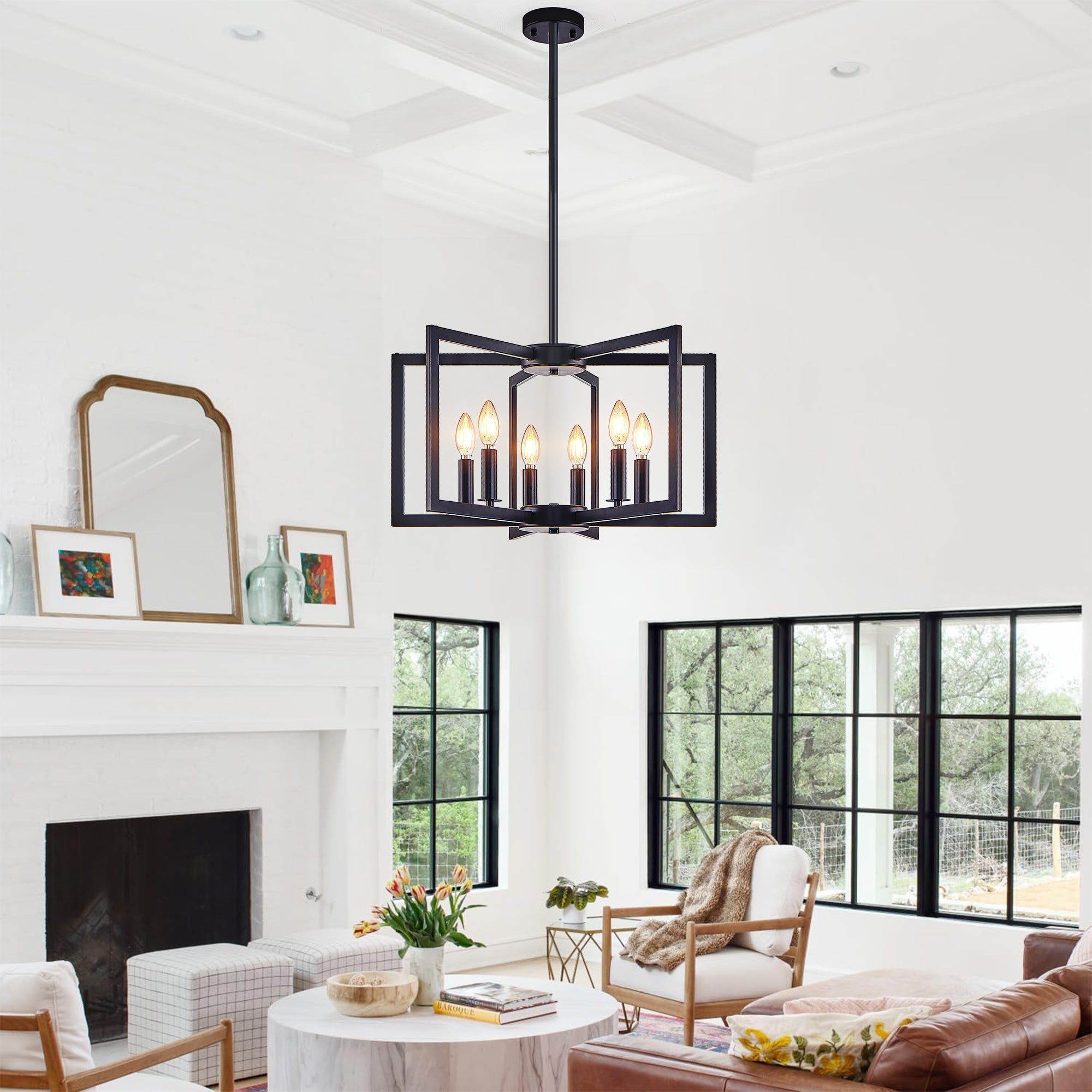 22' Modern Black Geometric 6-Light Chandelier – Industrial Metal Pendant Light Fixture for Living Room, Dining Room, or Kitchen (Bulb Not Included)