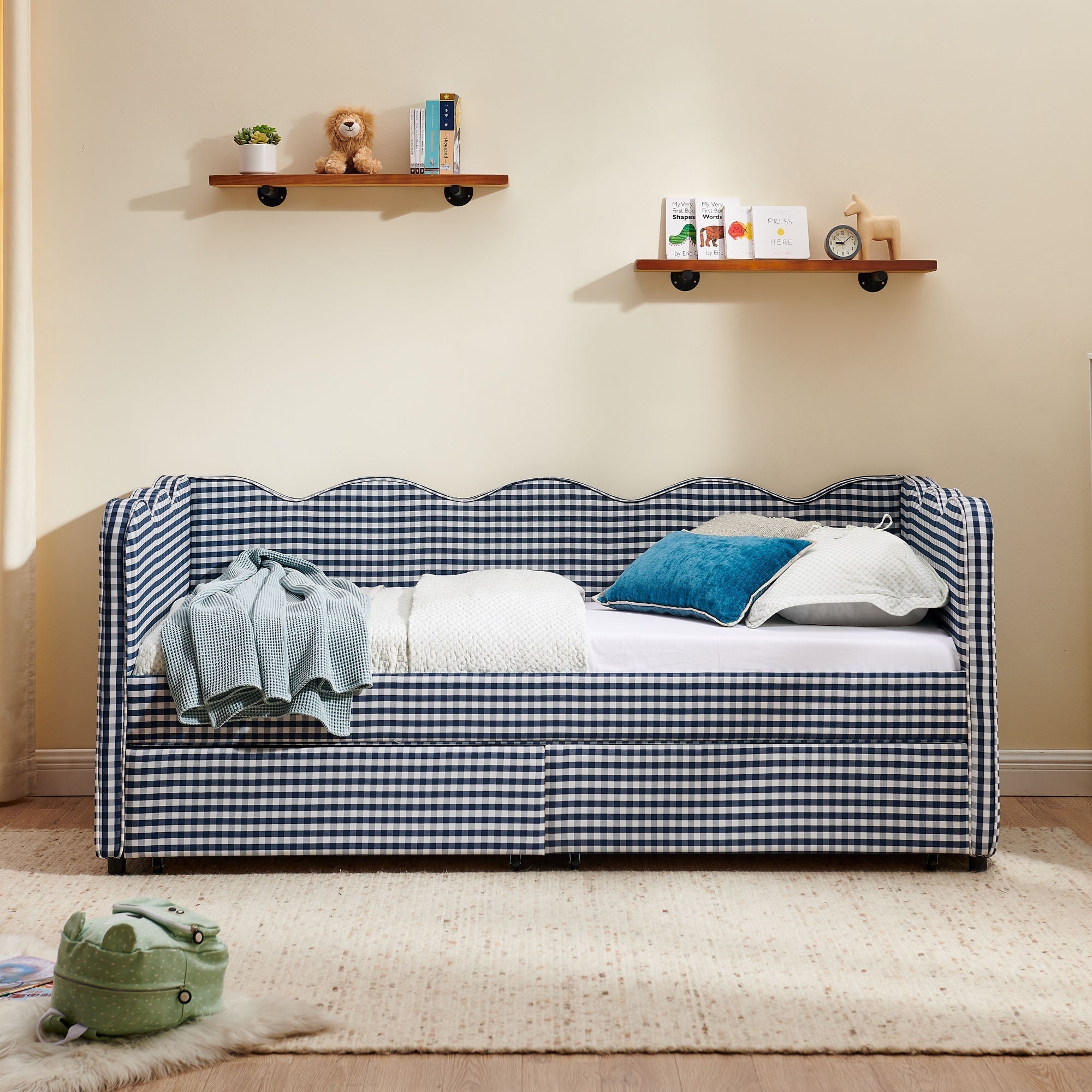 Gingham Daybed With USB Charging Port, Wave-Shaped Design