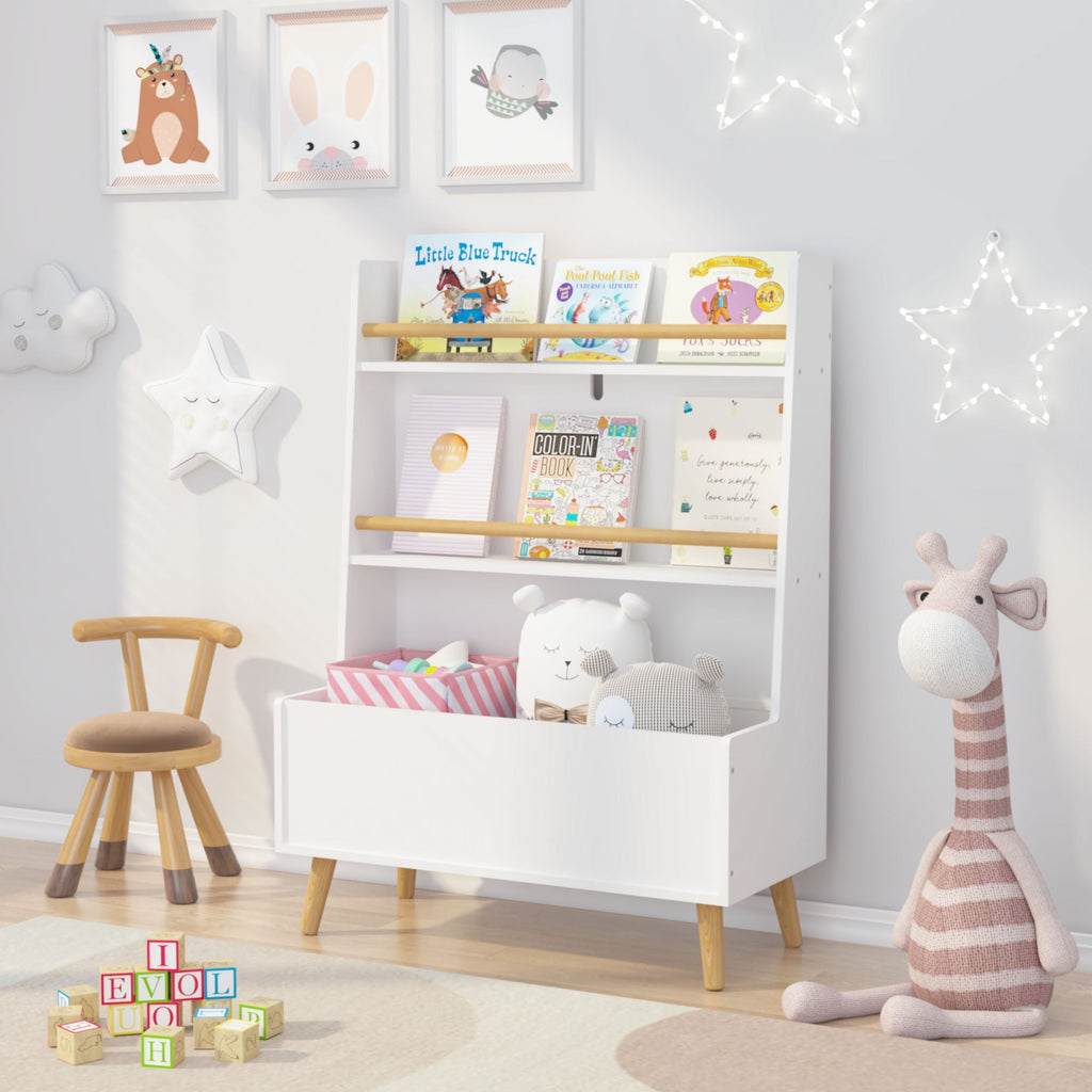 Bookshelf, Book Organizer With Toy Storage - White