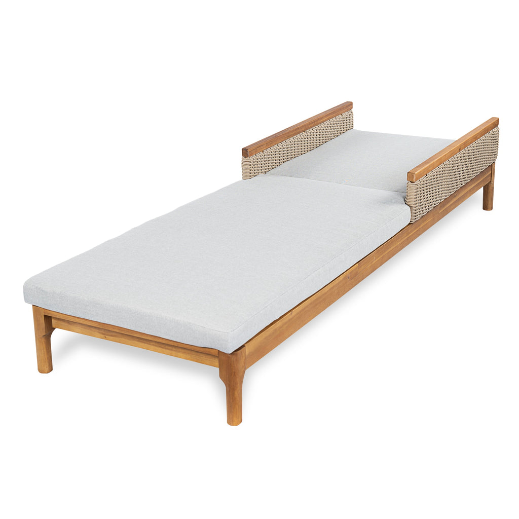 Solid Acacia Wood Sun Lounger with Grey Cushions and Light Grey Wicker