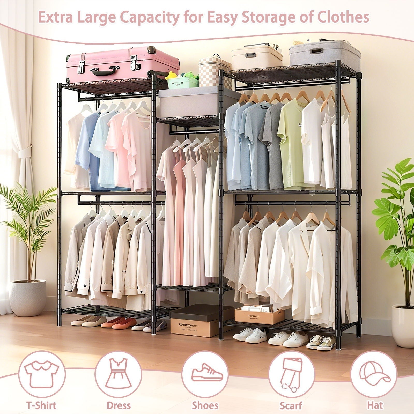Heavy Duty Garment Rack With 8 Adjustable Wire Shelves And 5 Clothes Rails