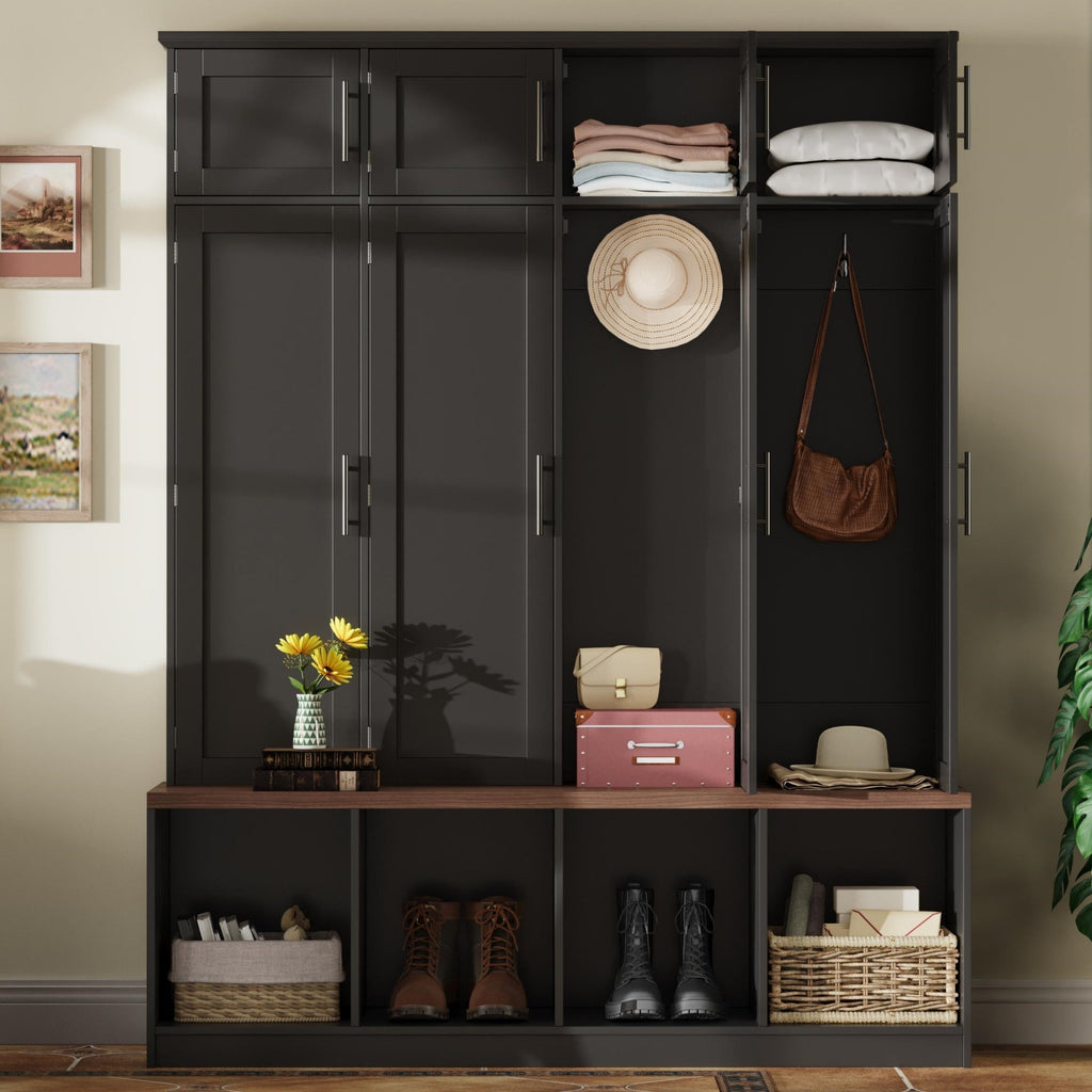 Farmhouse Hall Tree with 4 Hidden Hanging Hooks and Storage Bench