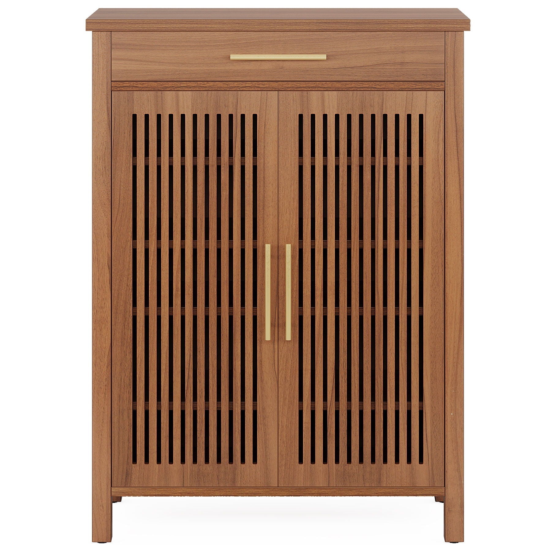 5 Tier Shoe Cabinet With Louvered Doors And Drawer, Freestanding Organizer With Adjustable Shelves For Entryway - Brown