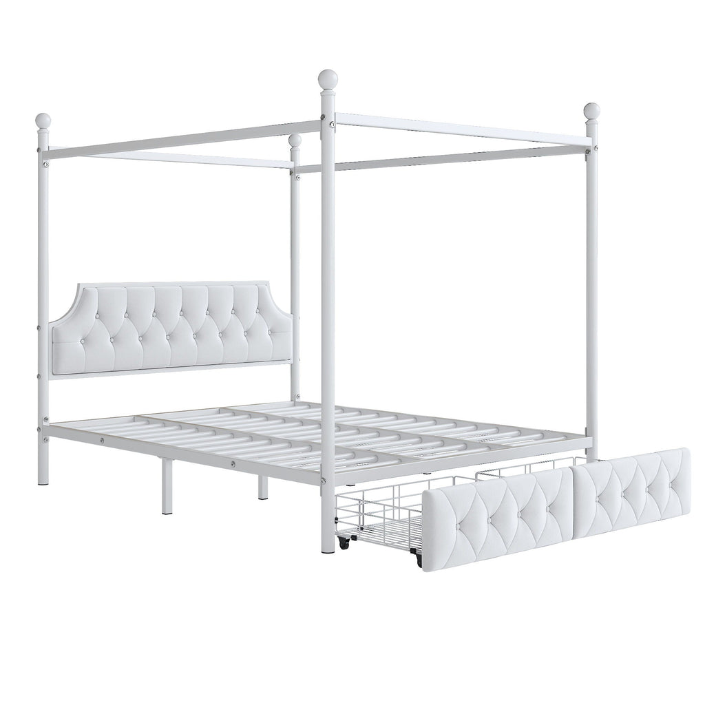 Queen Size Canopy Platform Bed With Upholstered Headboard And 2 Storage Drawers - White