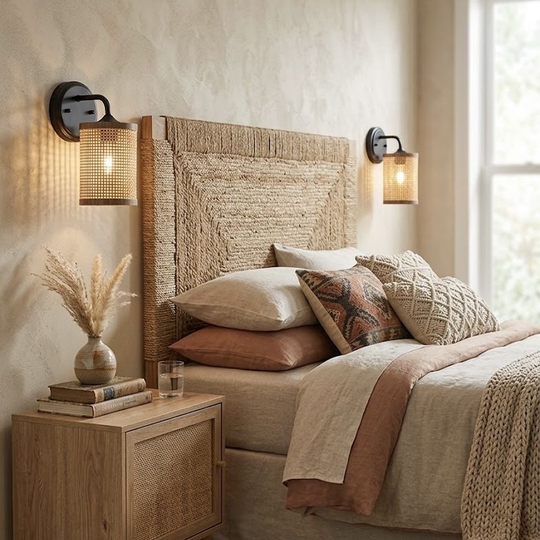 Reef - Single Lights Wall Sconce With Natural Shade Rustic Wicker Wall Light - Black / Rattan
