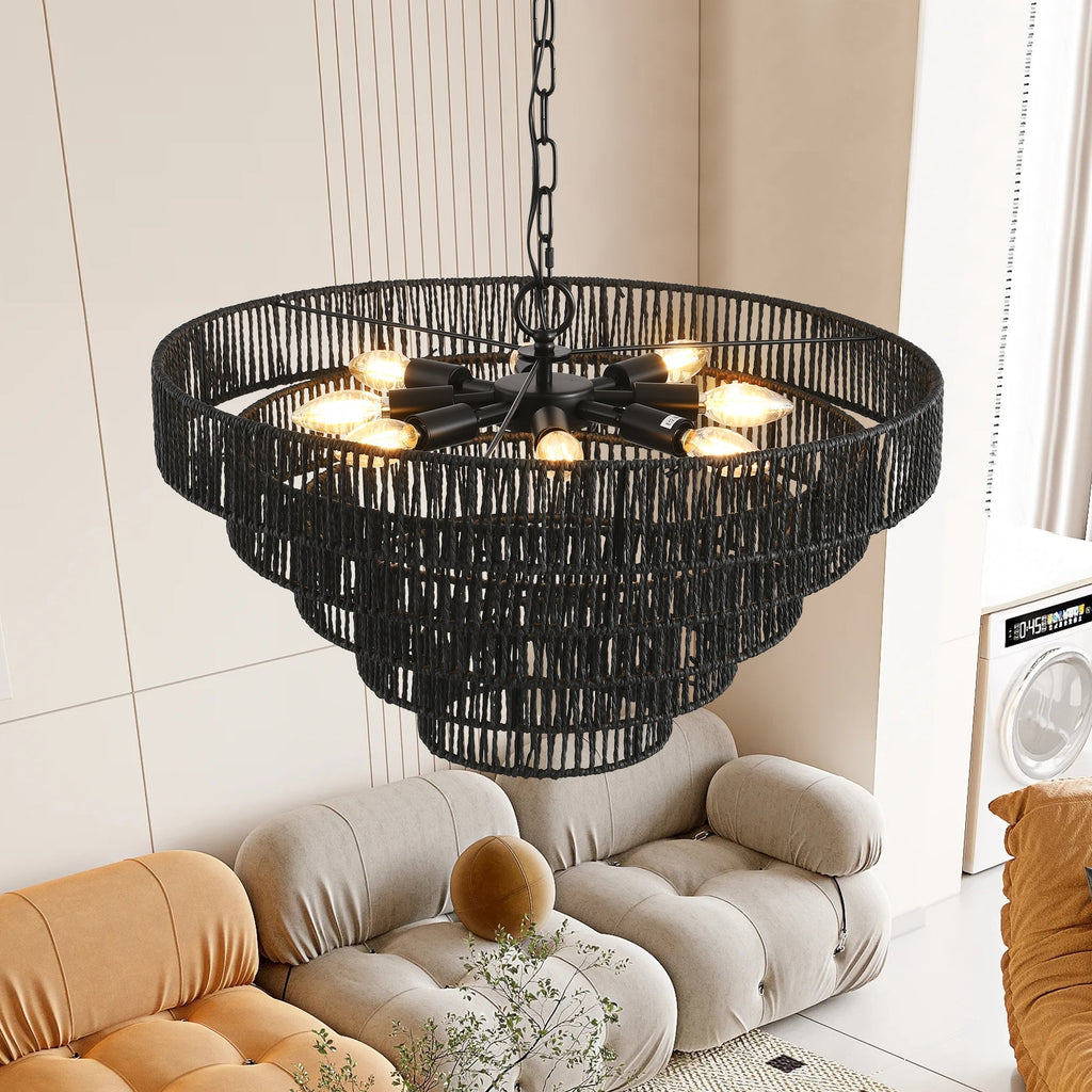 24" Rustic 5-Tier Black Hemp Rope Pendant Light Chandelier