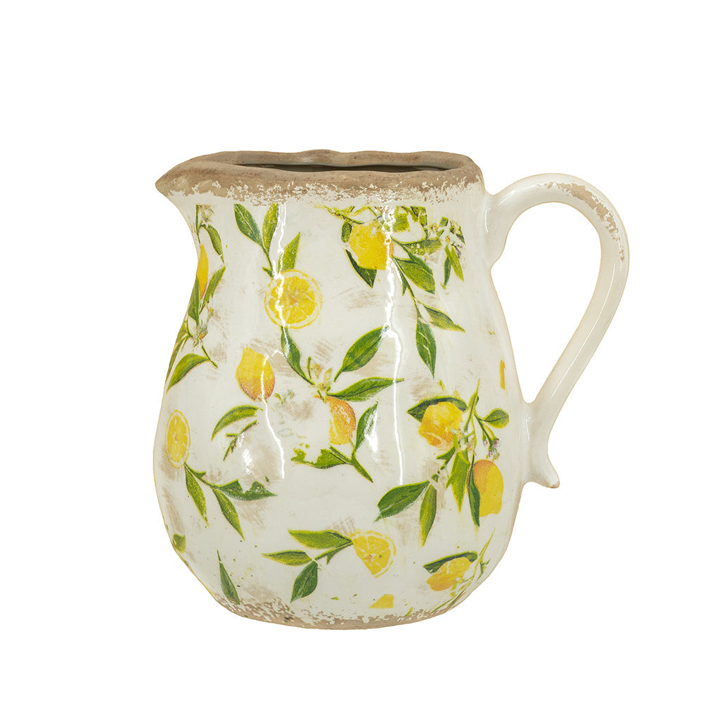 7.9x6.5x7.9' White Ceramic Pitcher Vase with Yellow Lemon Motif