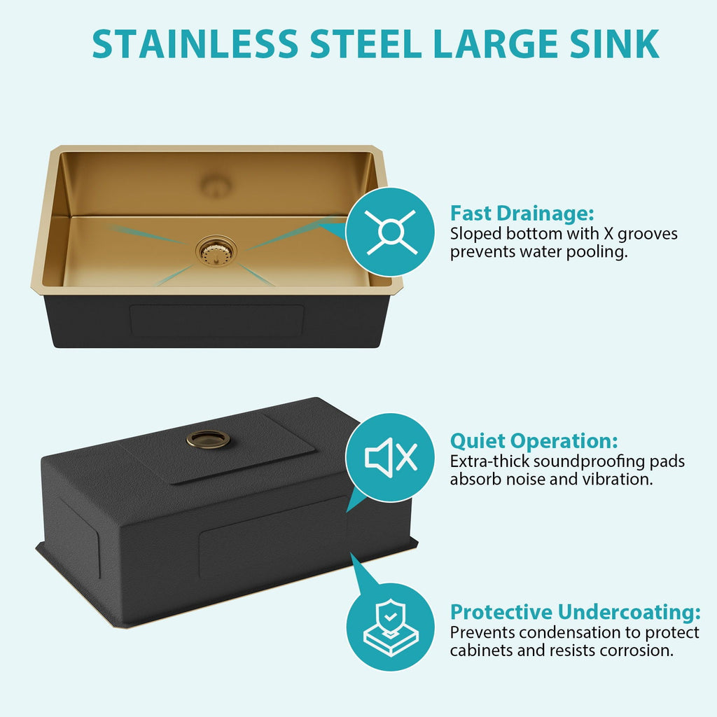 Finish Undermount Stainless Steel Kitchen Sink 32" X 19" 16 Gauge Deep Single Bowl