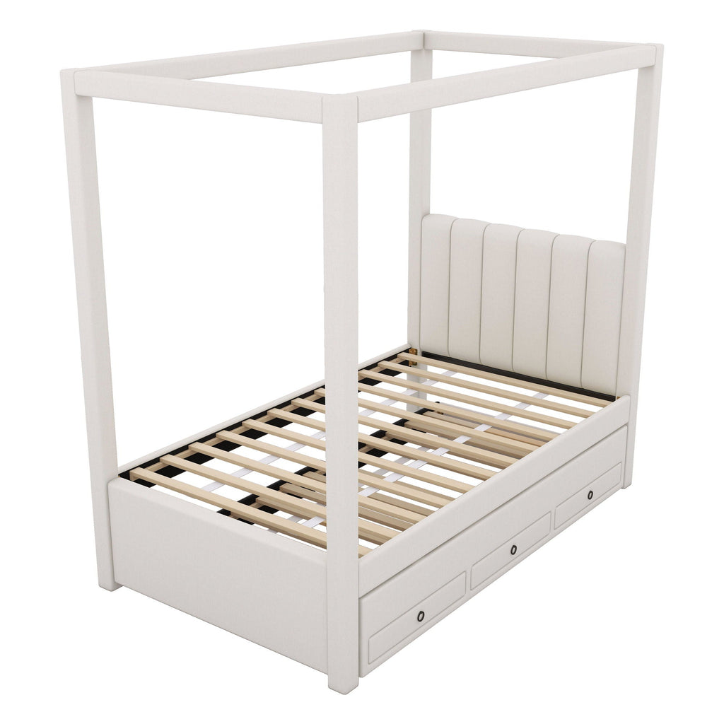 Upholstery Canopy Platform Bed With Trundle And Three Storage Drawers