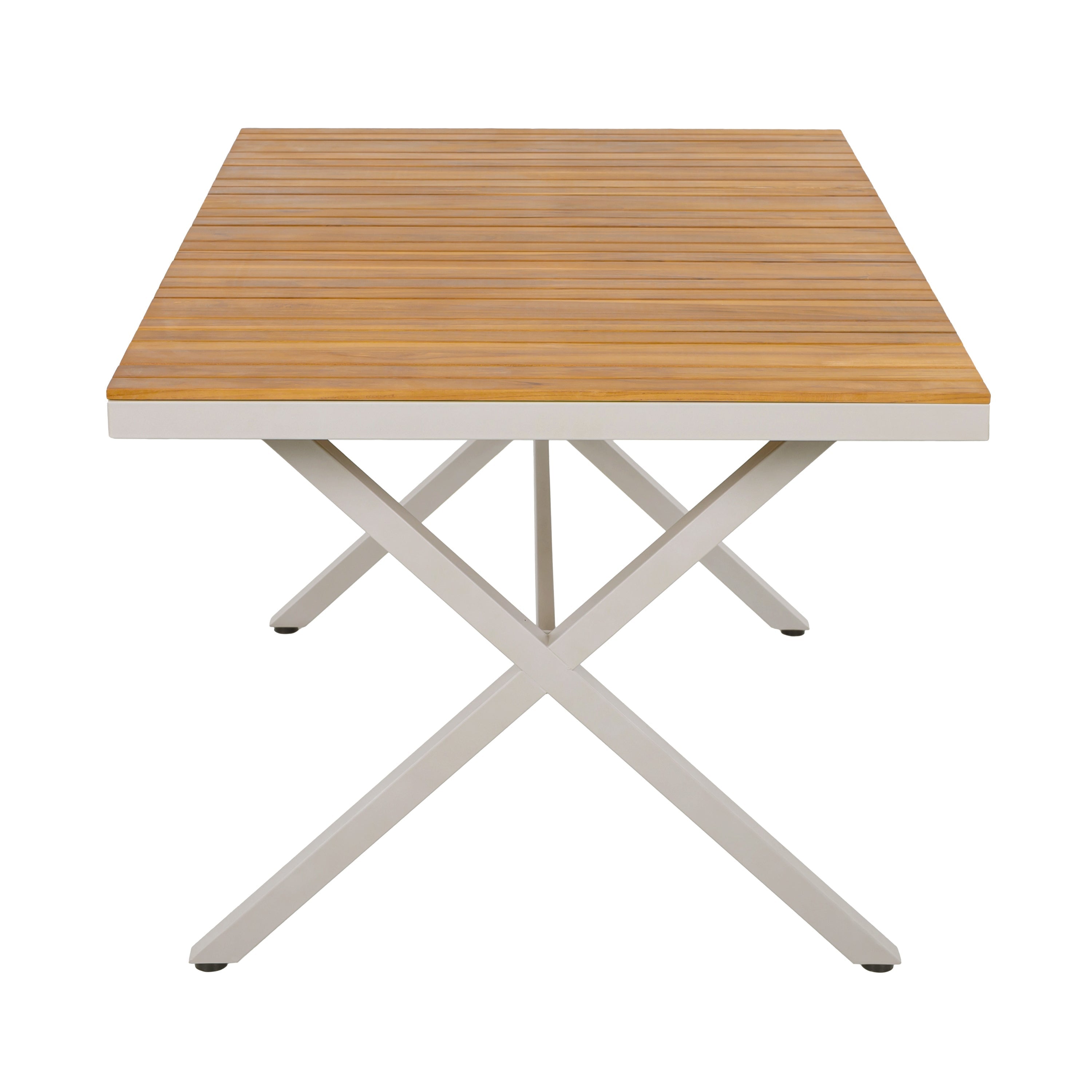 Outdoor 7-Piece Dining Set - Rectangular Teak Wood Table + 6 Wicker Chairs with Cushions
