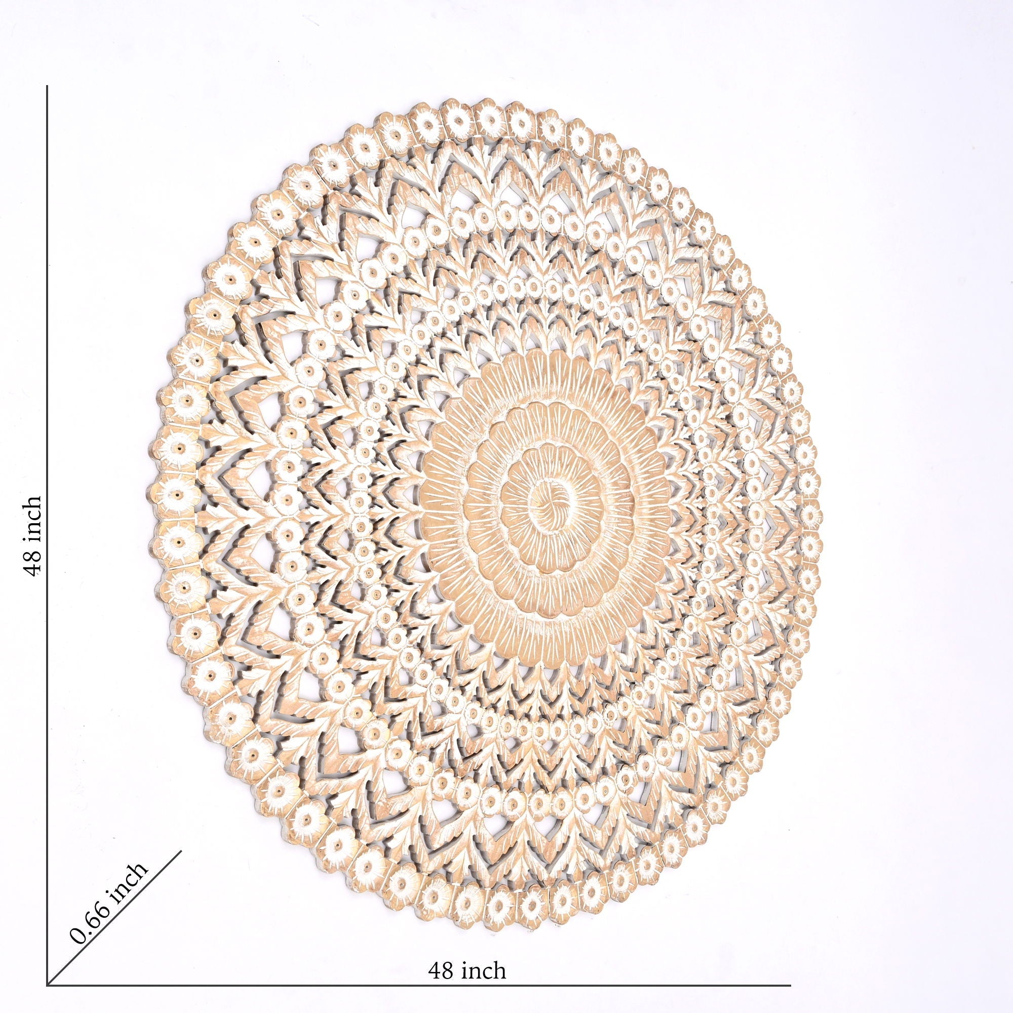 Floral Hand Carved Mandala Round Wall Decor - Brown / Antique White
