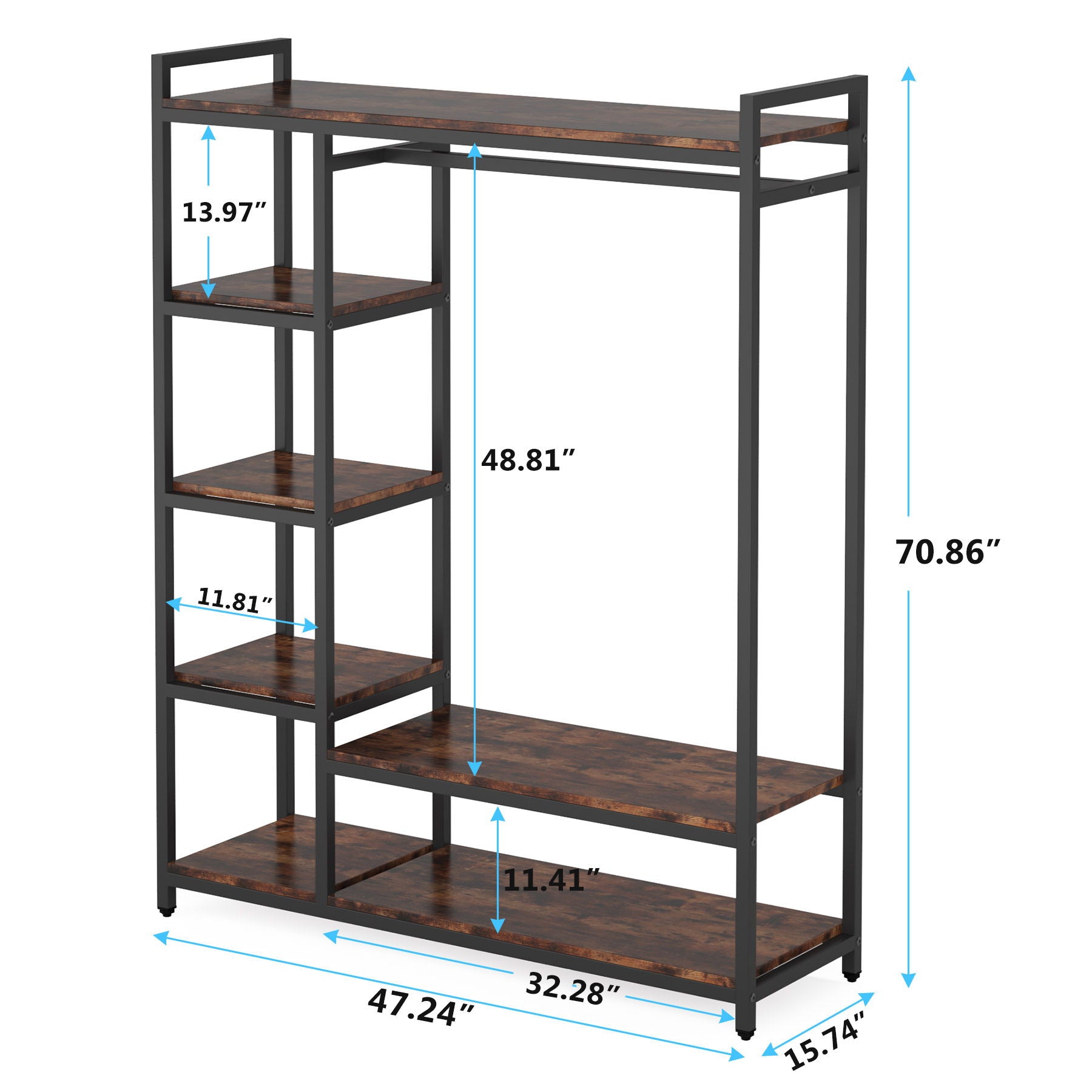 Free Standing Closet Organizer With 6 Shelves And Hanging Bar - Brown / Black