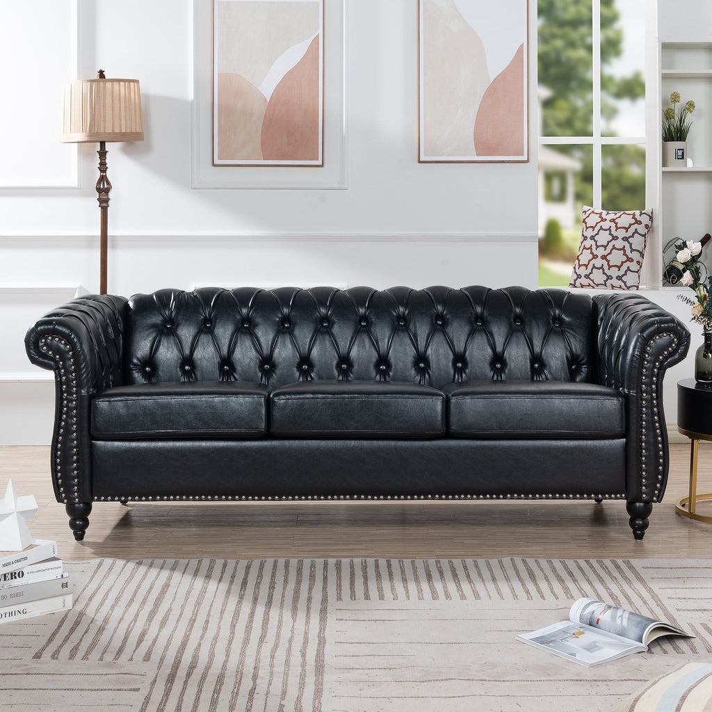 84.65" Black PU Rolled Arm Chesterfield Three Seater Sofa