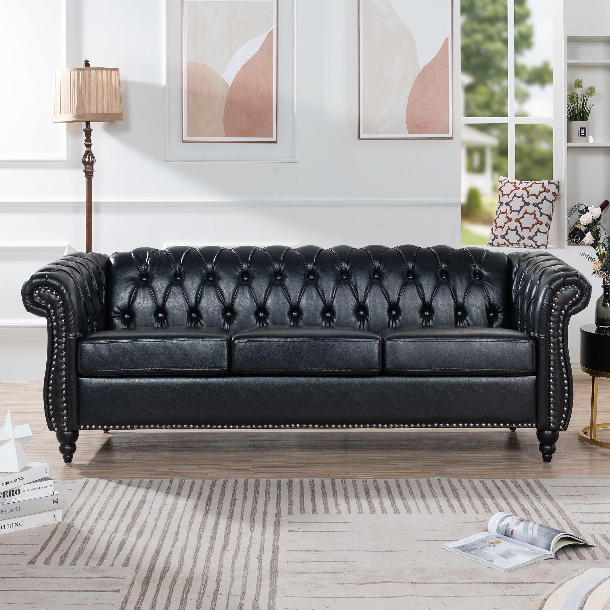 84.65" Black PU Rolled Arm Chesterfield Three Seater Sofa