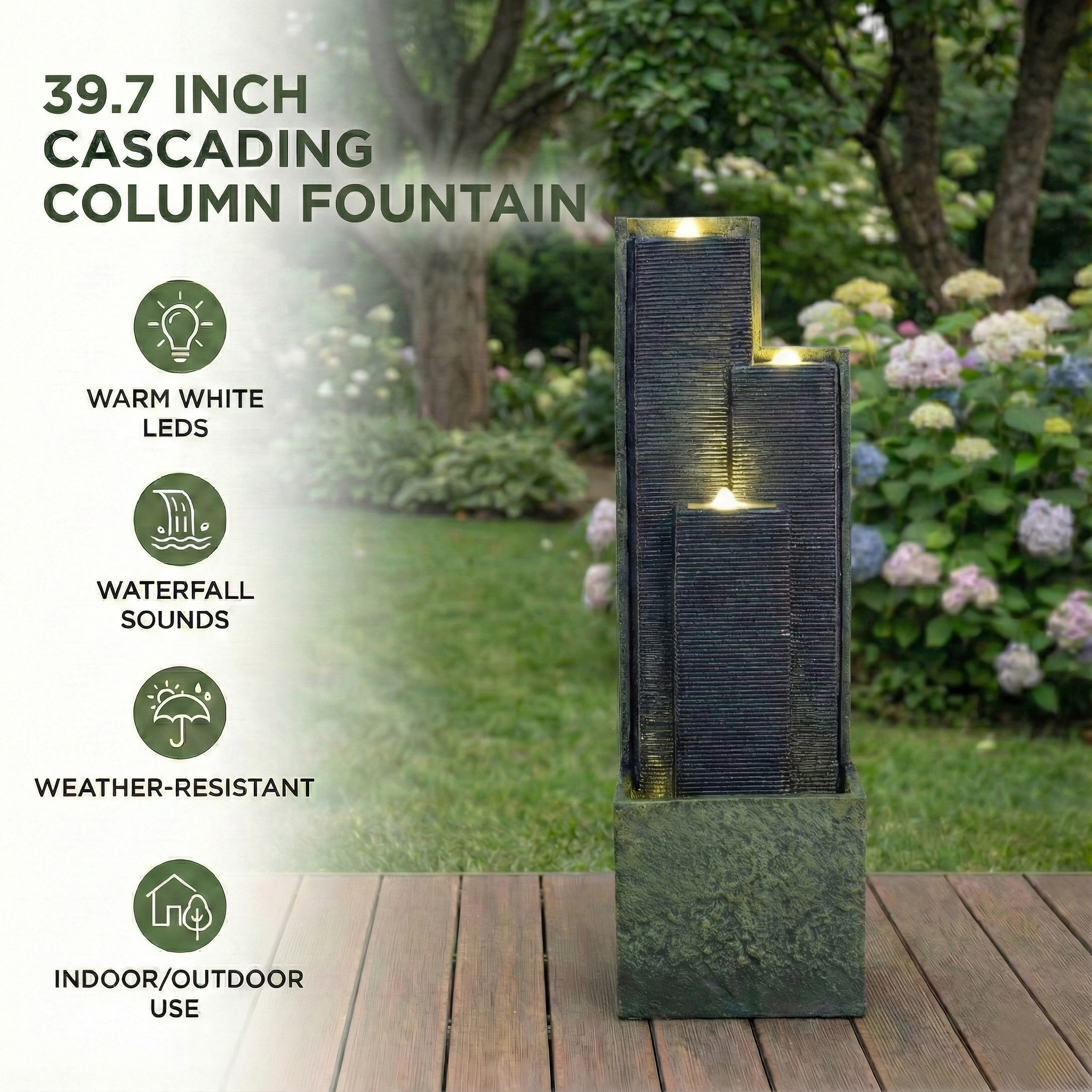 39" H Outdoor Water Fountain Modern Cascading Freestanding Fountain with LED Lights for Garden Patio Porch Lawn