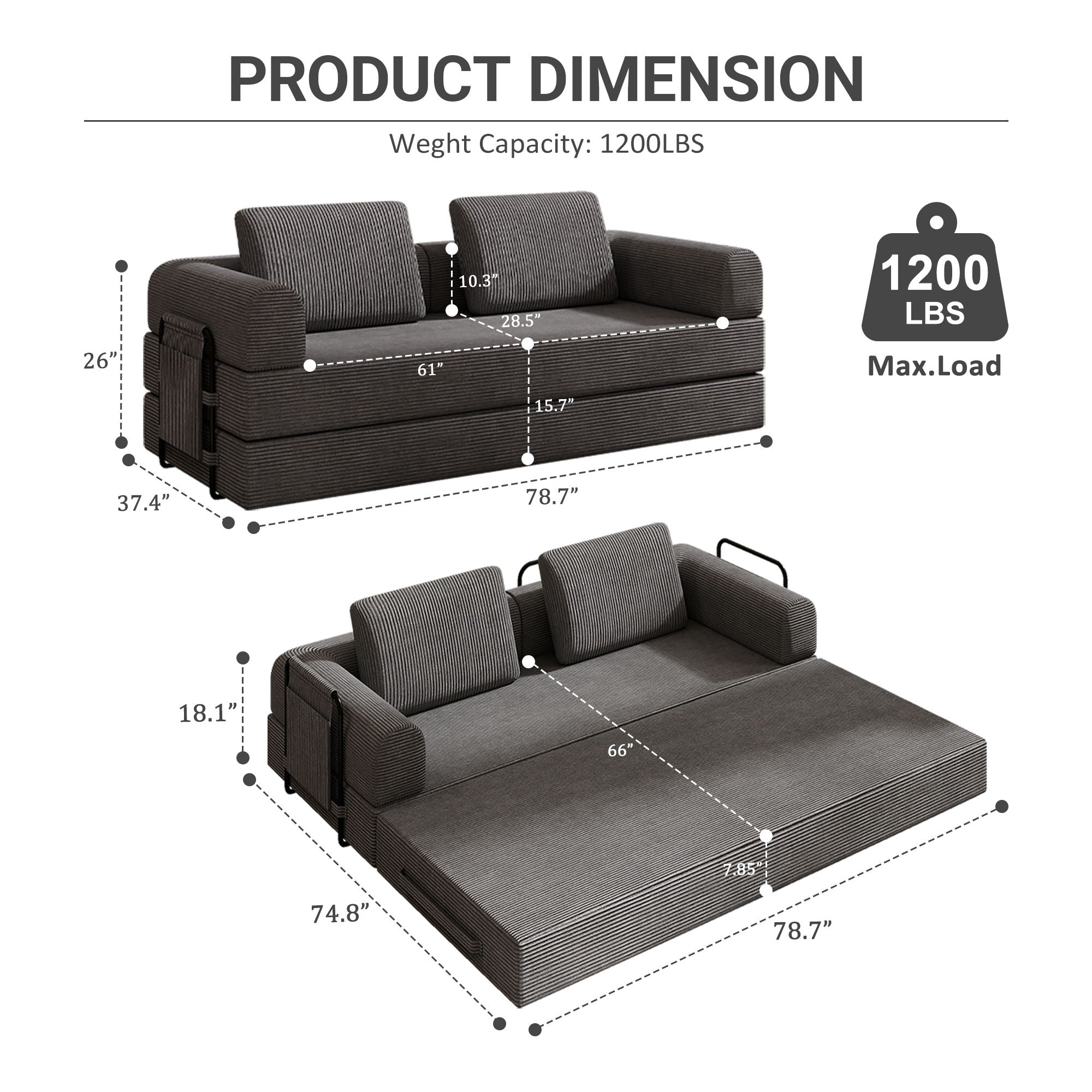 Convertible Sleeper Sofa Bed With Cylindrical Pillow