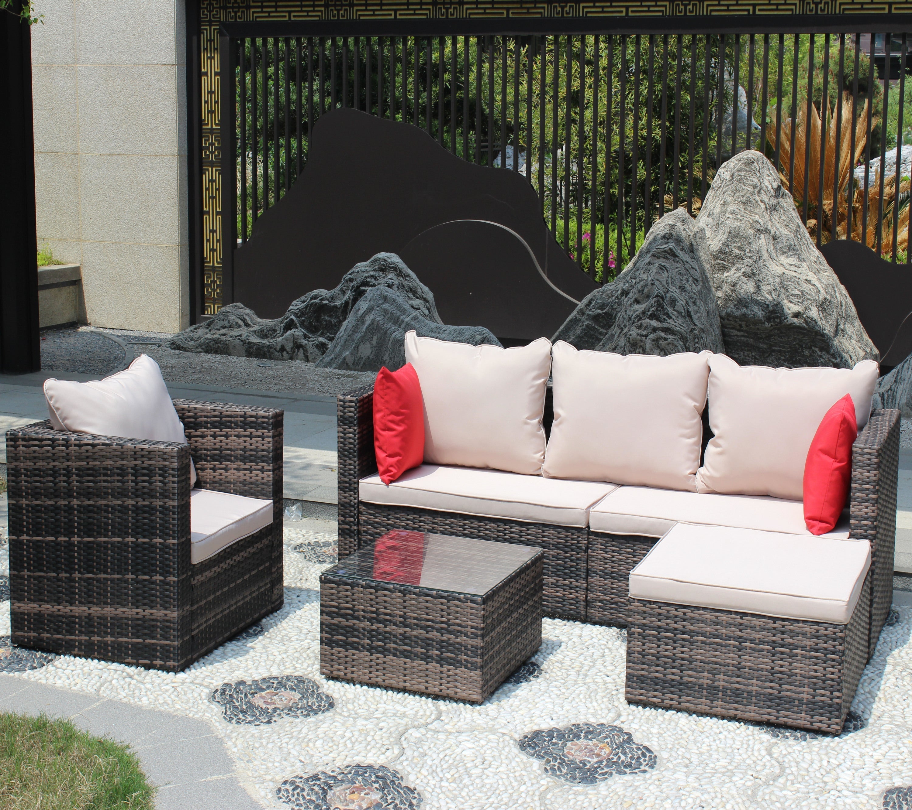 Rattan Patio Furniture Set Wicker Sofa Cushioned Sectional (4 Pieces, Brown)