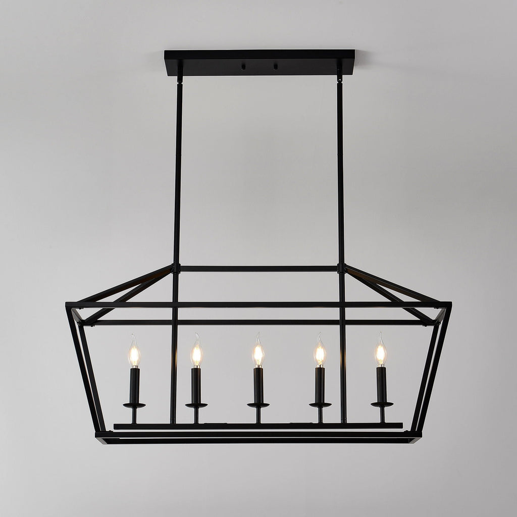 5 Light Farmhouse Kitchen Island Lighting, 5 Light Industrial Linear Chandelier For Dining Room Metal Hanging Pendant Light Fixture For Bedroom Living Room Hallway Conference Room - Matte Black