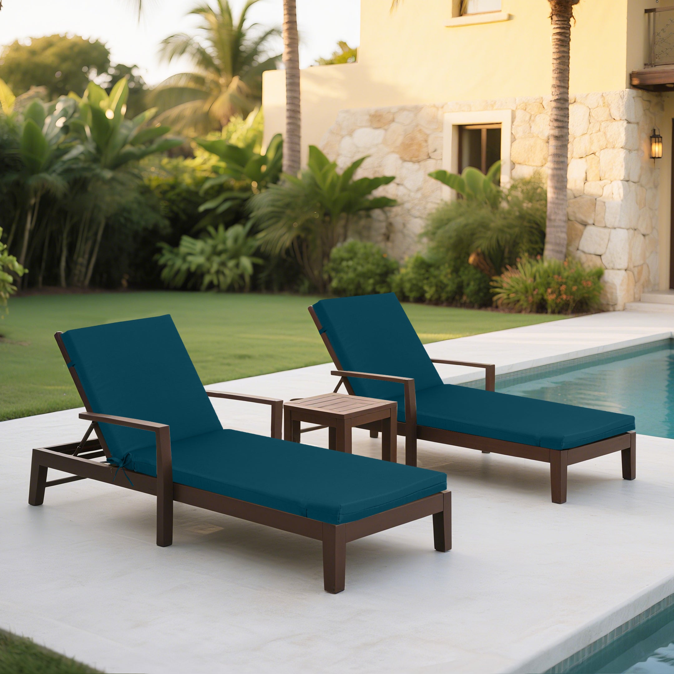Outdoor Lounge Chair Cushion Set - Lake Blue Polyester, UV & Fade Resistant, 2PCS