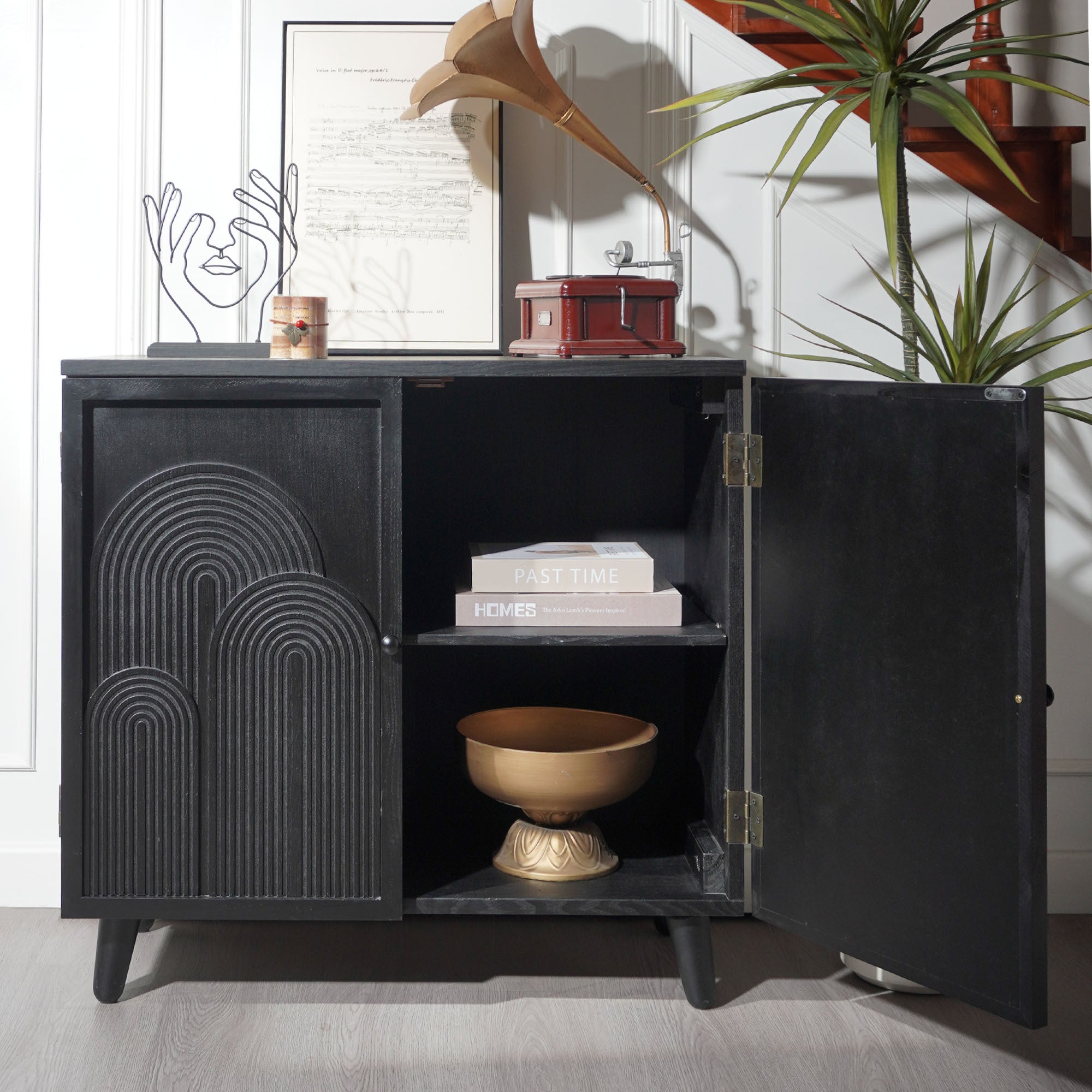 Modern Black Wood Storage Cabinet with Embossed Door