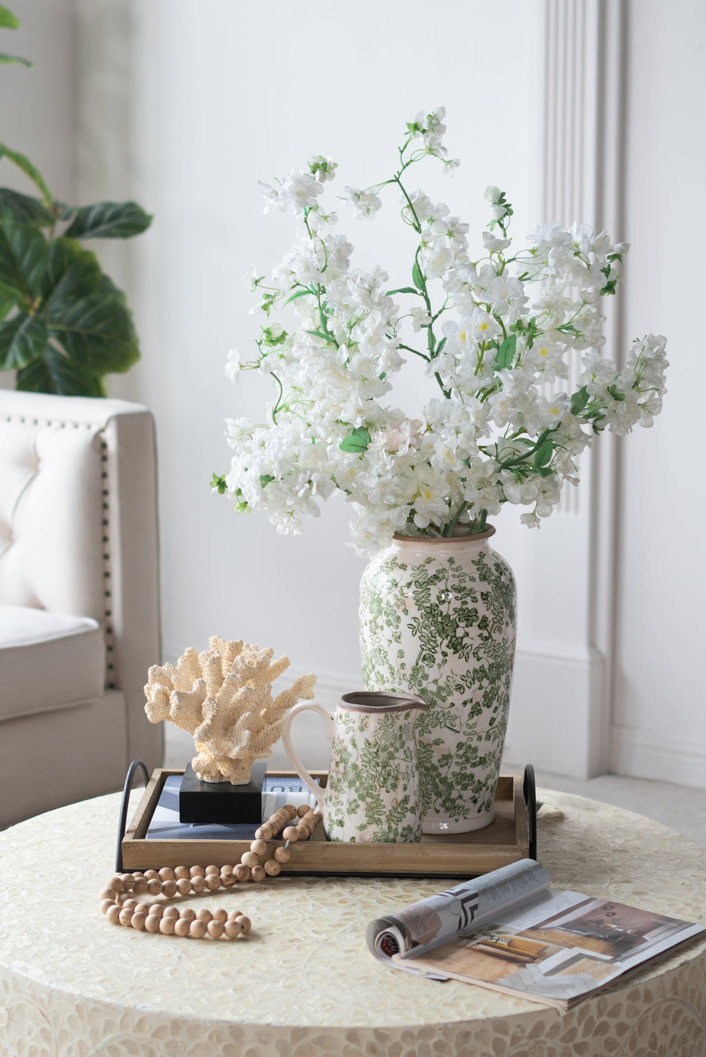 7.7x7.7x14.6' White Ceramic Flower Vase with Green Floral Pattern