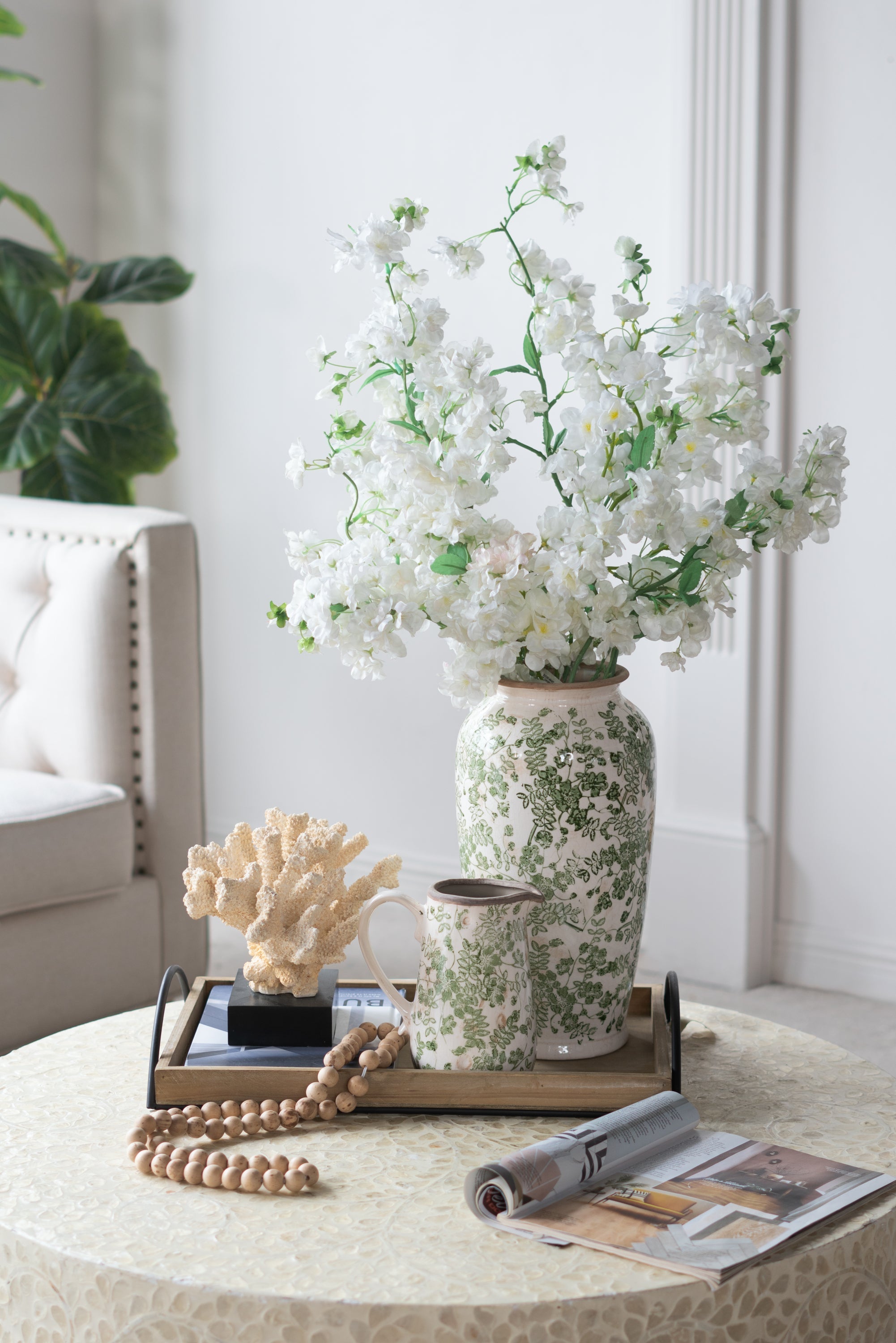 7.7x7.7x14.6' White Ceramic Flower Vase with Green Floral Pattern