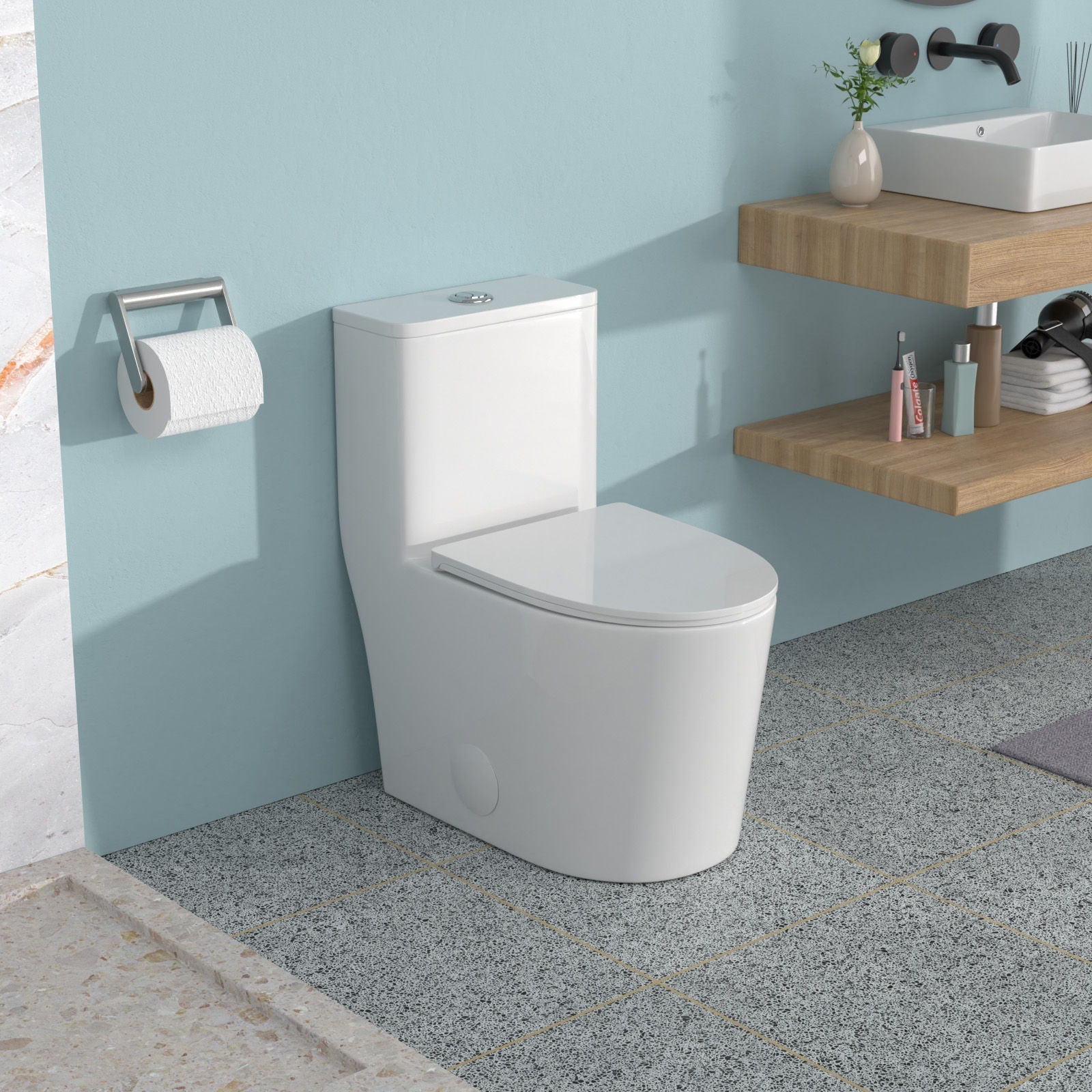 1 Piece Toilet For Bathroom, Soft Closing Seat, Dual Flush 1.1 / 1.6 Gpf - White