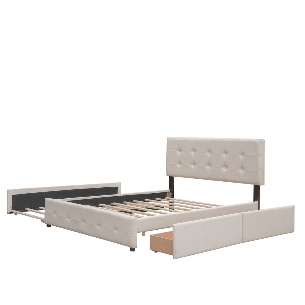 Upholstered Platform Bed with 2 Drawers and 1 Twin XL Trundle,  Linen Fabric, Queen Size - Dark Beige(OLD SKU :LP100314AAA)