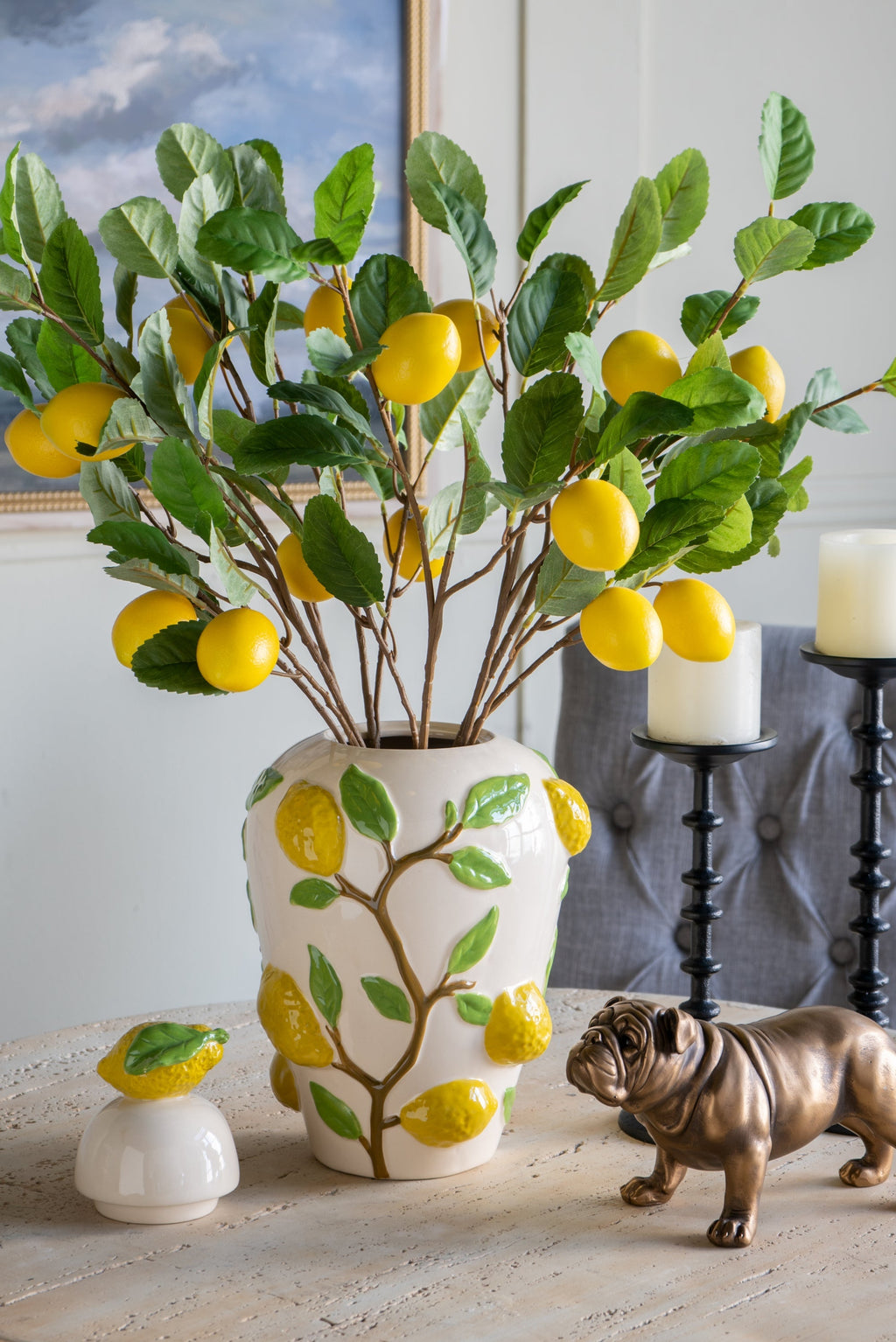 8.7x8.7x15' White Ceramic Lidded Jar with Playful Lemon Design