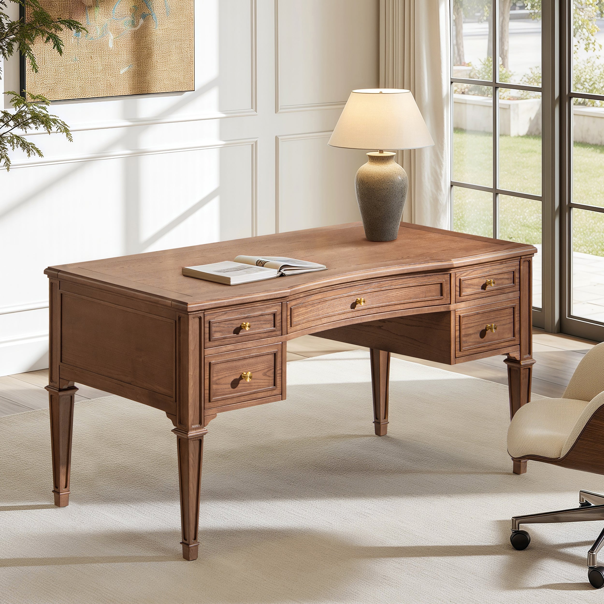 Dauphin Gold Accent 5-Drawer Wood Executive Desk Brown Ash Wood & Veneer