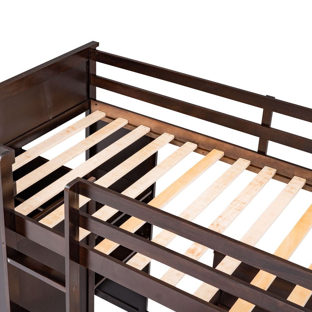 Loft Bed With A Stand Alone Bed, Shelves, Desk, And Wardrobe
