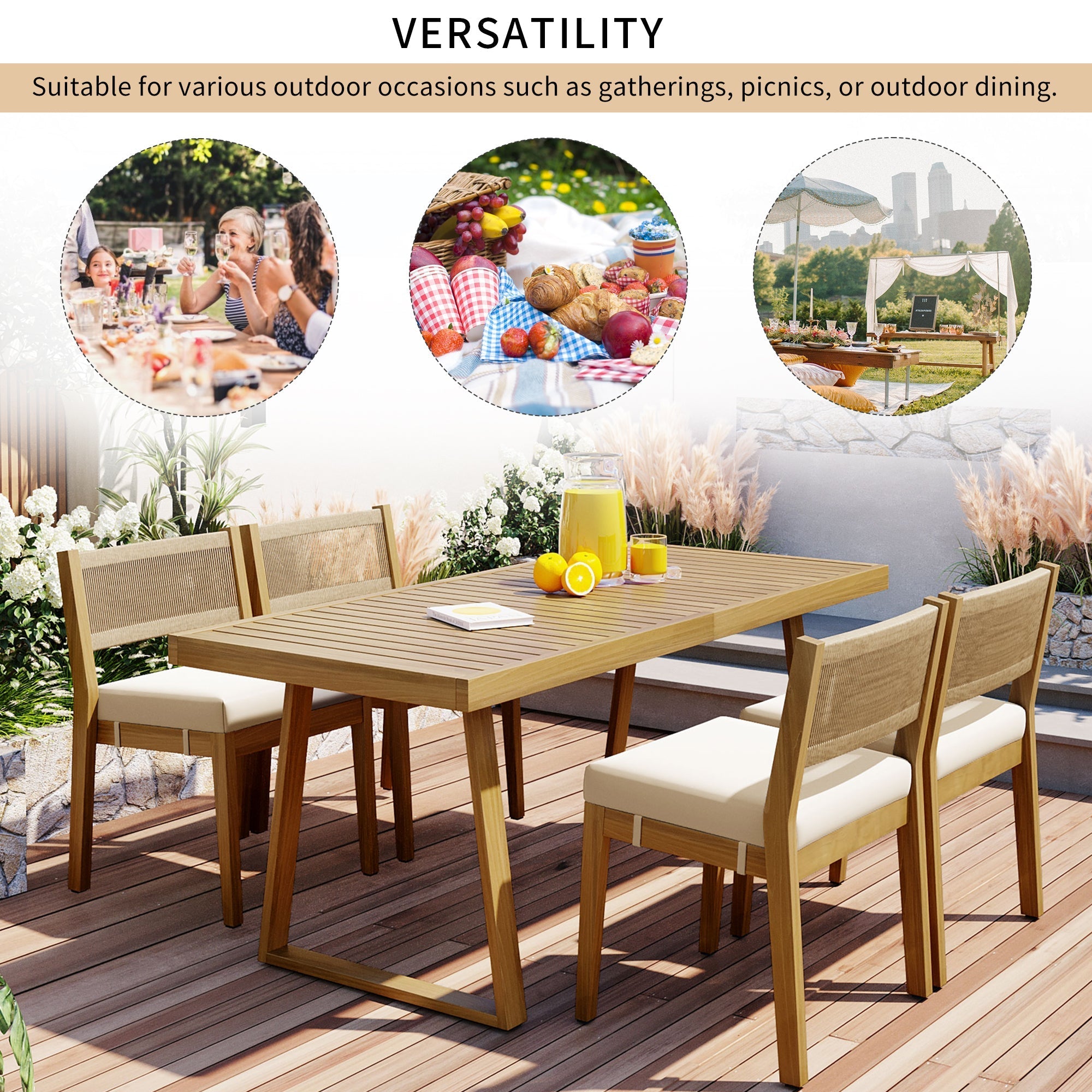U_Style Multi-Person Outdoor Acacia Wood Dining Table and Chair Set