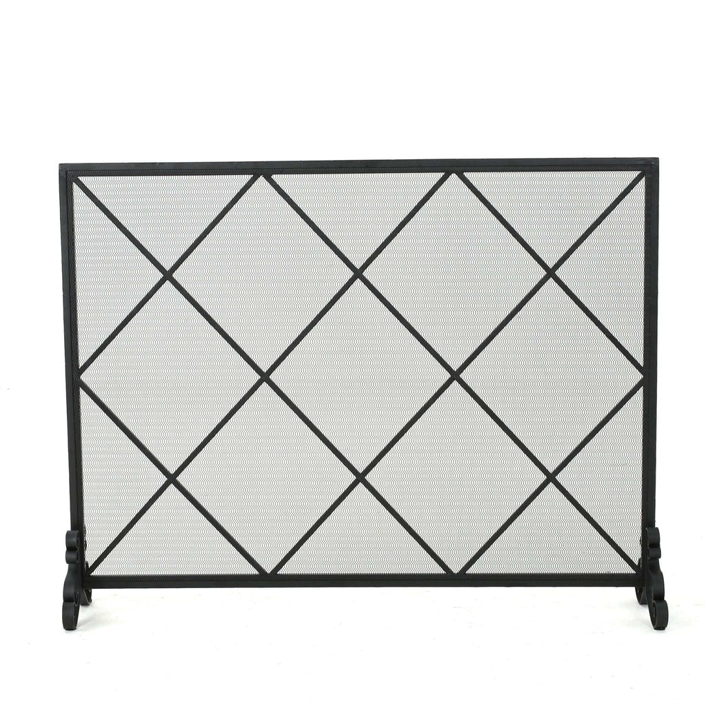 Minimalist Single Panel Iron Fireplace Screen with Diamond Design