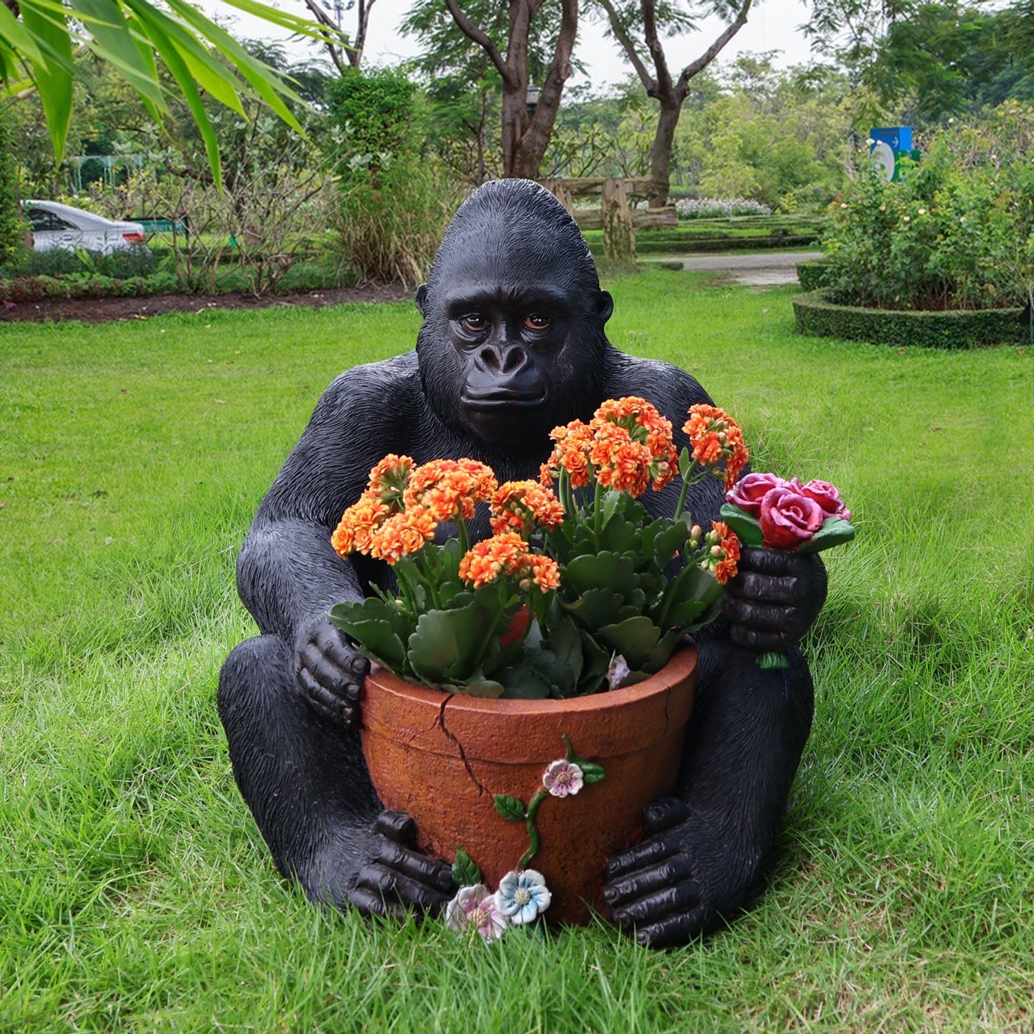 Outdoor Garden Sculpture Chimpanzees Flower Pot Planter